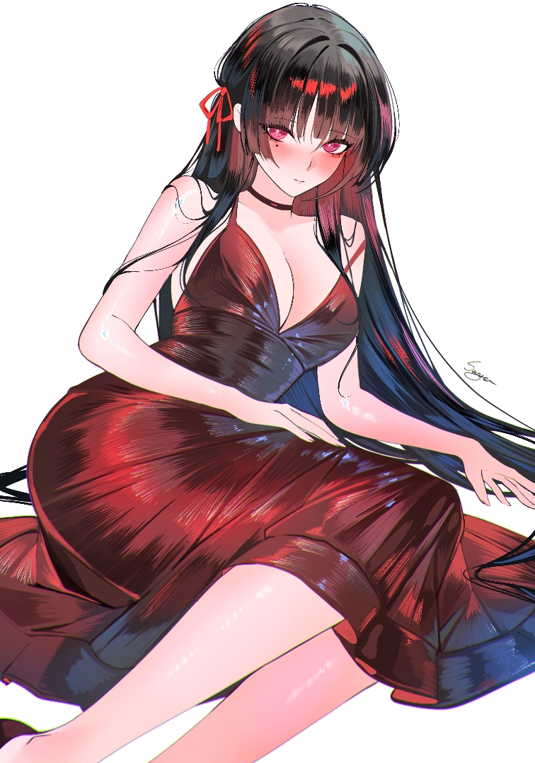 sanya (sanya lox228), chisa (wuthering waves), wuthering waves, commentary, 1girl, alternate costume, arm support, bare shoulders, black choker, black hair, blush, breasts, choker, chromatic aberration, cleavage, closed mouth, collarbone, dress, hair ribbon, long dress, long hair, looking at viewer, medium breasts, mole, mole under eye, red dress, red eyes, red ribbon, ribbon, signature, simple background, solo, very long hair, white background