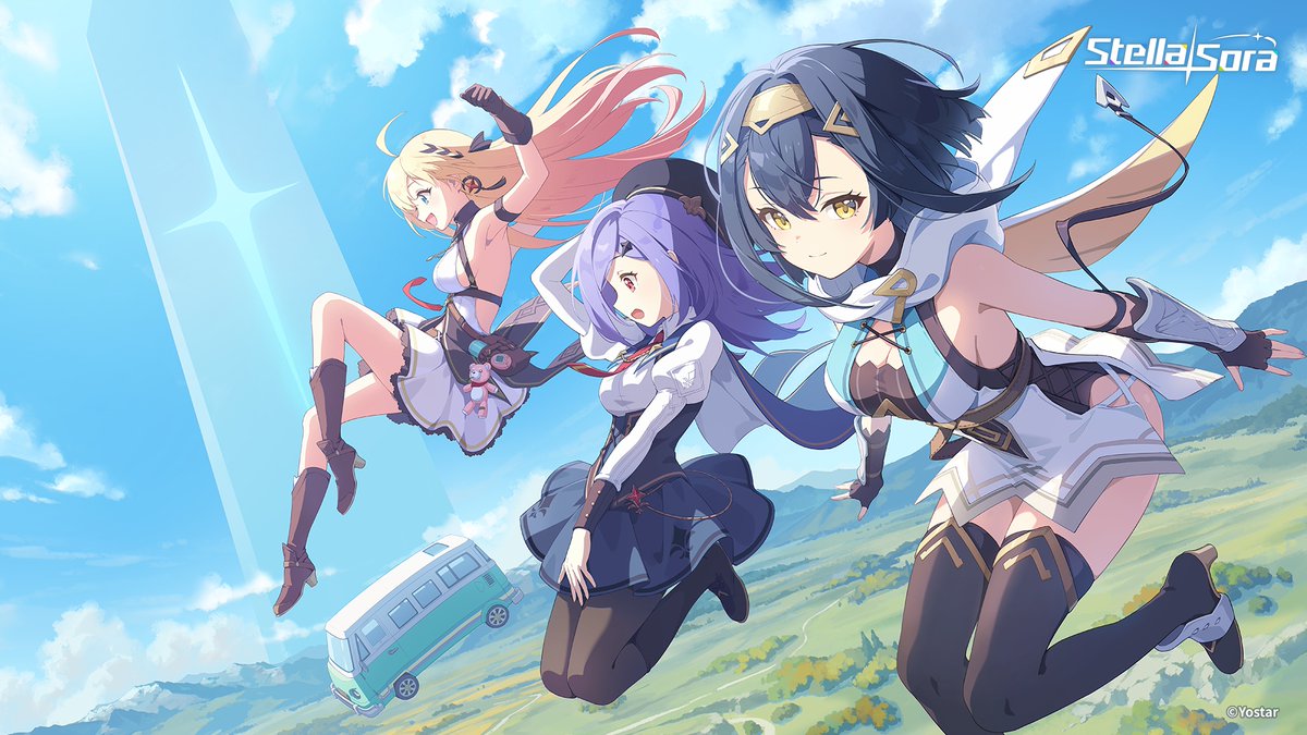 amber (stella sora), iris (stella sora), noya (stella sora), stella sora, commentary, english commentary, official art, 3girls, ahoge, beret, black cat, black gloves, black hair, black hat, black pantyhose, black skirt, black thighhighs, blonde hair, blue eyes, boots, breasts, brown boots, cat, closed mouth, fingerless gloves, full body, gloves, hat, high heel boots, high heels, holding, holding phone, knee boots, long hair, long sleeves, looking at viewer, multicolored hair, multiple girls, necktie, open mouth, orange hair, pantyhose, phone, puffy sleeves, purple hair, red necktie, shirt, sideboob, sideless dress, sideless shirt, skirt, smile, thighhighs, white shirt