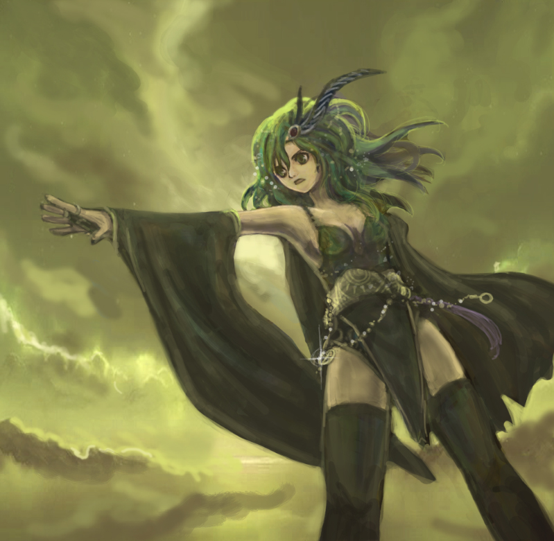 t jam, rydia (adult) (ff4), rydia (ff4), final fantasy, final fantasy iv, bad id, bad pixiv id, 1990s (style), 1girl, aged up, breasts, cleavage, female focus, green eyes, green hair, green theme, matching hair/eyes, medium breasts, outdoors, retro artstyle, sky, solo, thighhighs