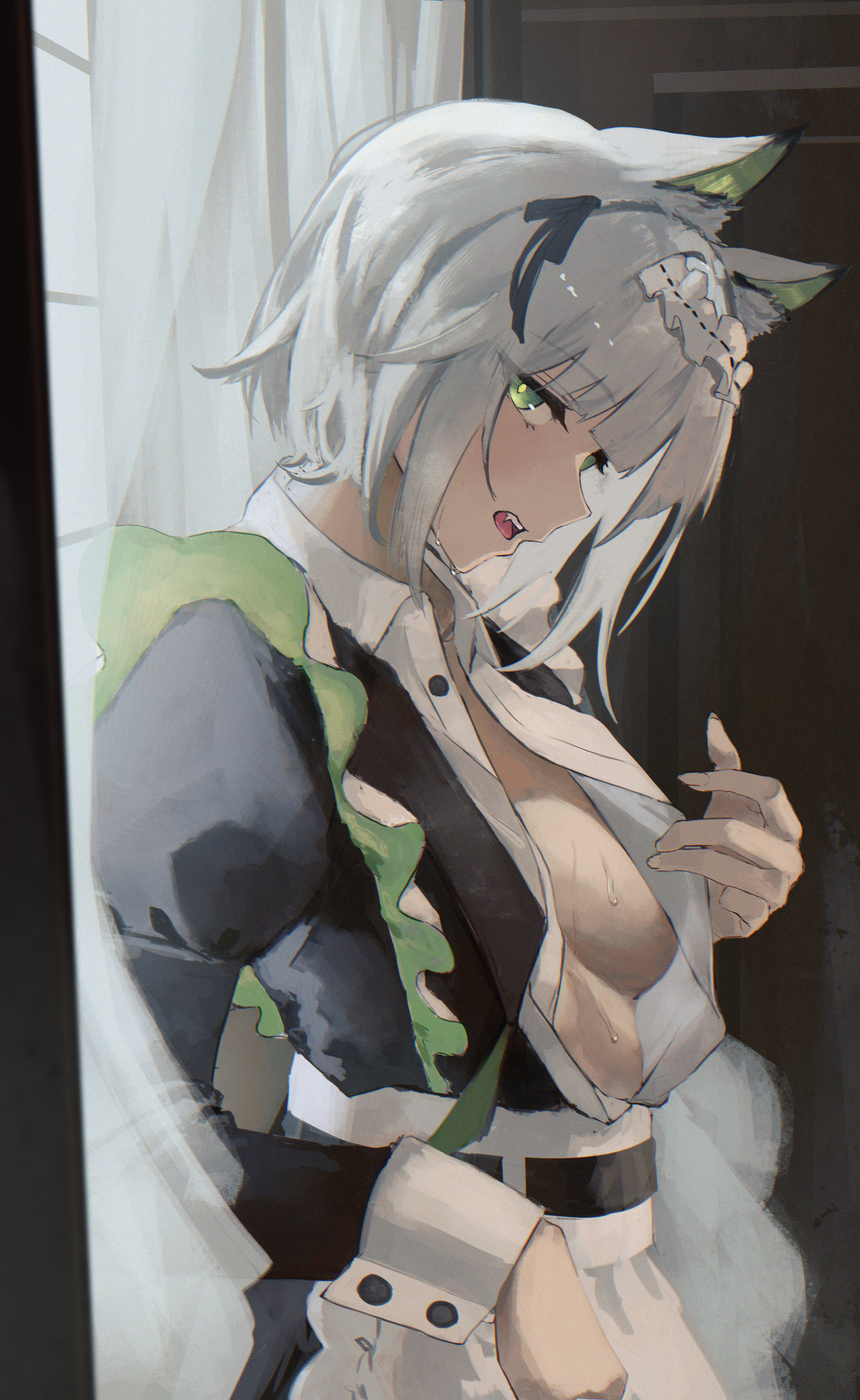 shikyou yoru, kal'tsit (arknights), kal'tsit (the remains of time) (arknights), arknights, absurdres, highres, 1girl, animal ear fluff, animal ears, apron, belt, black belt, black dress, breasts, cat ears, cat girl, collar, collared dress, dress, fingernails, frilled hairband, frills, green eyes, hairband, head down, indoors, large breasts, long fingernails, long hair, long sleeves, looking at viewer, maid, open clothes, open dress, open mouth, puffy sleeves, sidelocks, solo, sweat, sweatdrop, teeth, upper body, upper teeth only, white apron, white collar, white hair, white hairband, white wrist cuffs, wrist cuffs