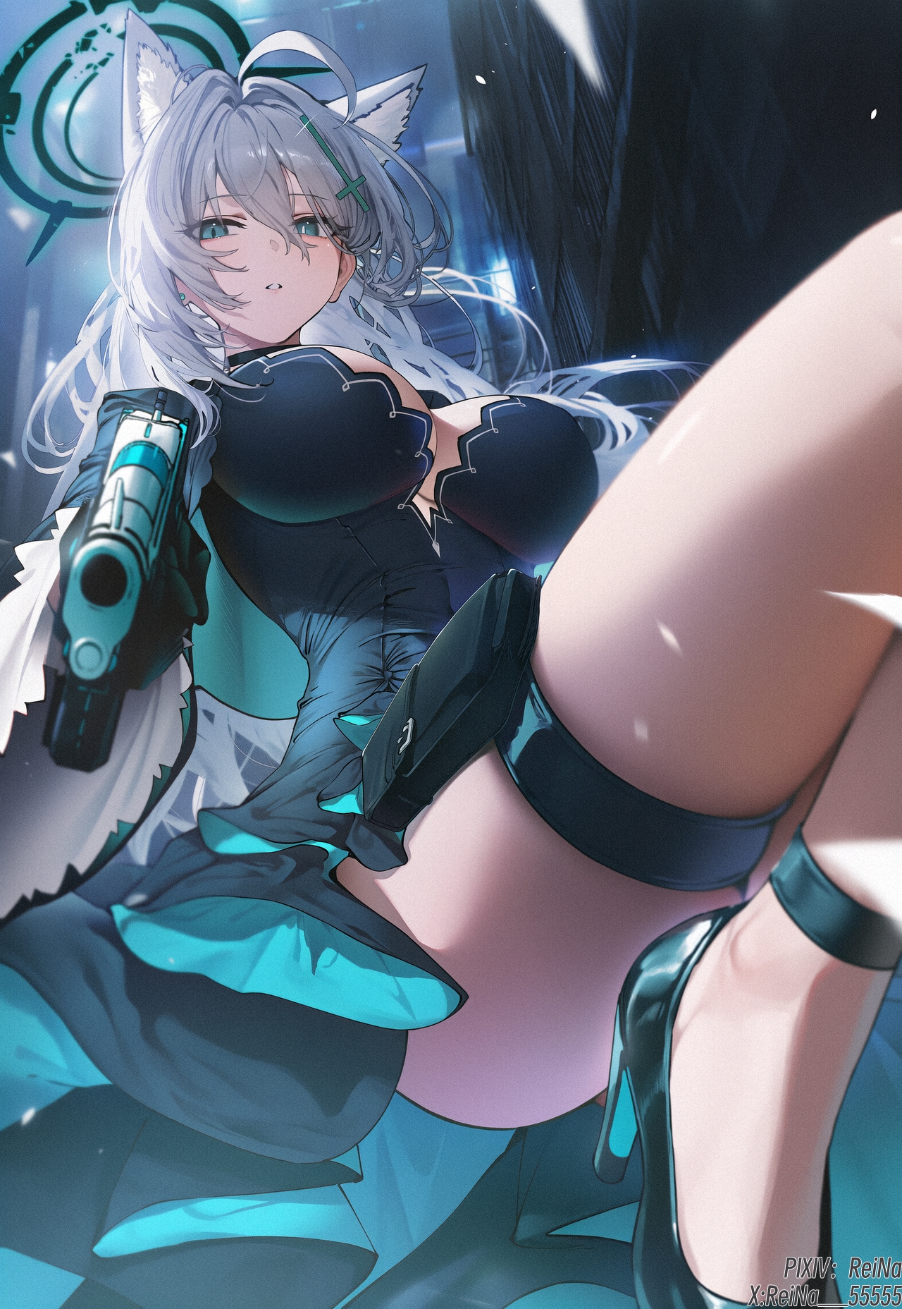 shiroko (blue archive), shiroko terror (blue archive), blue archive, sig sauer, highres, 1girl, ahoge, aiming, aiming at viewer, animal ear fluff, animal ears, black dress, black shoes, blue eyes, breasts, broken halo, cross hair ornament, dress, extra ears, grey hair, gun, hair between eyes, hair ornament, halo, handgun, high heels, holding, holding gun, holding weapon, large breasts, long hair, looking at viewer, mismatched pupils, parted lips, reina 55555, shoes, solo, thigh strap, thighs, weapon, wolf ears