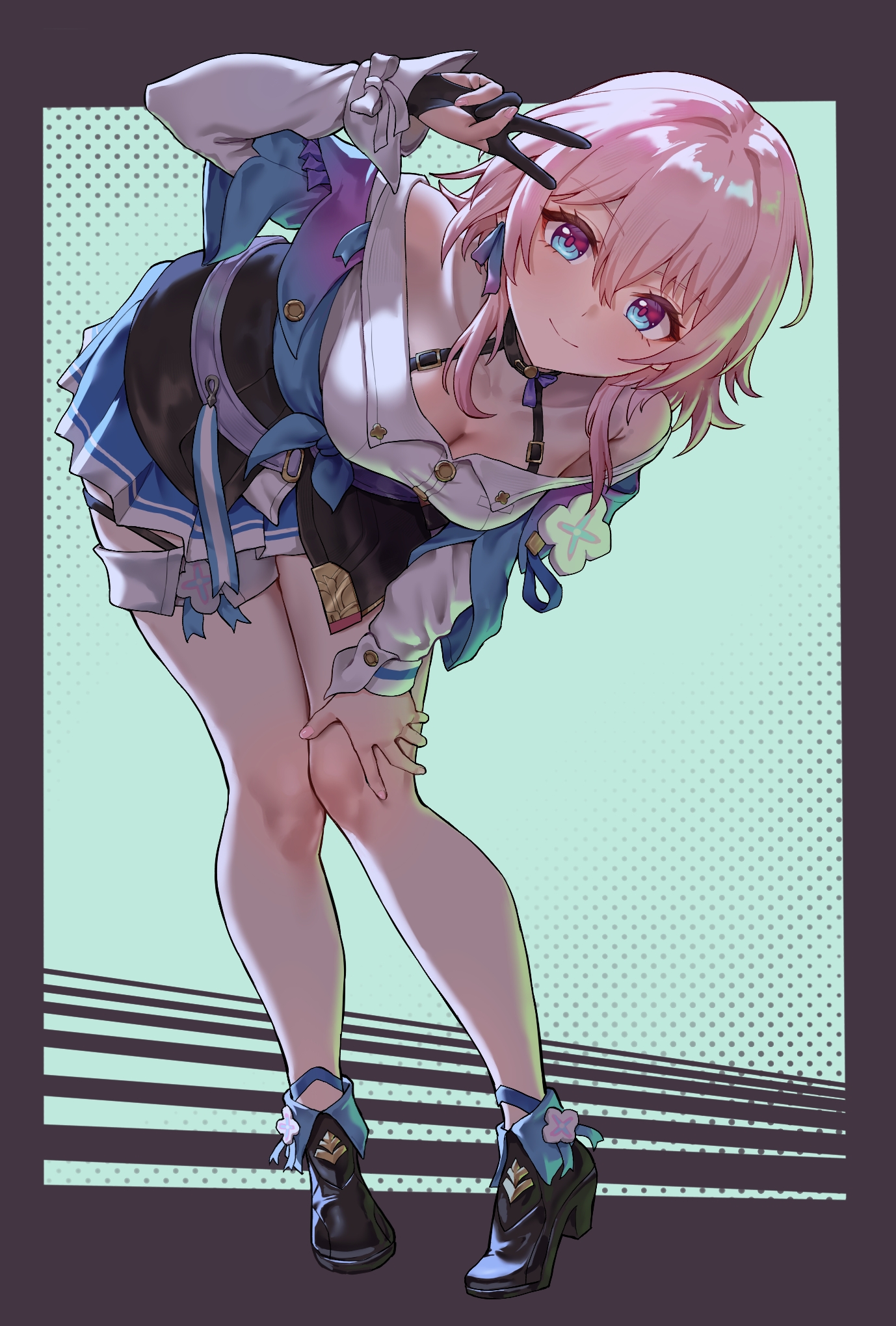 kadokadokado, march 7th (honkai: star rail), march 7th (preservation) (honkai: star rail), honkai: star rail, honkai (series), highres, 1girl, black corset, black gloves, black shoes, blue eyes, breasts, cleavage, closed mouth, corset, gloves, hair between eyes, jacket, looking at viewer, medium breasts, medium hair, multicolored eyes, off-shoulder jacket, off shoulder, partially fingerless gloves, pink hair, pink pupils, shoes, simple background, smile, solo, standing, thighs, tied jacket, v, white background
