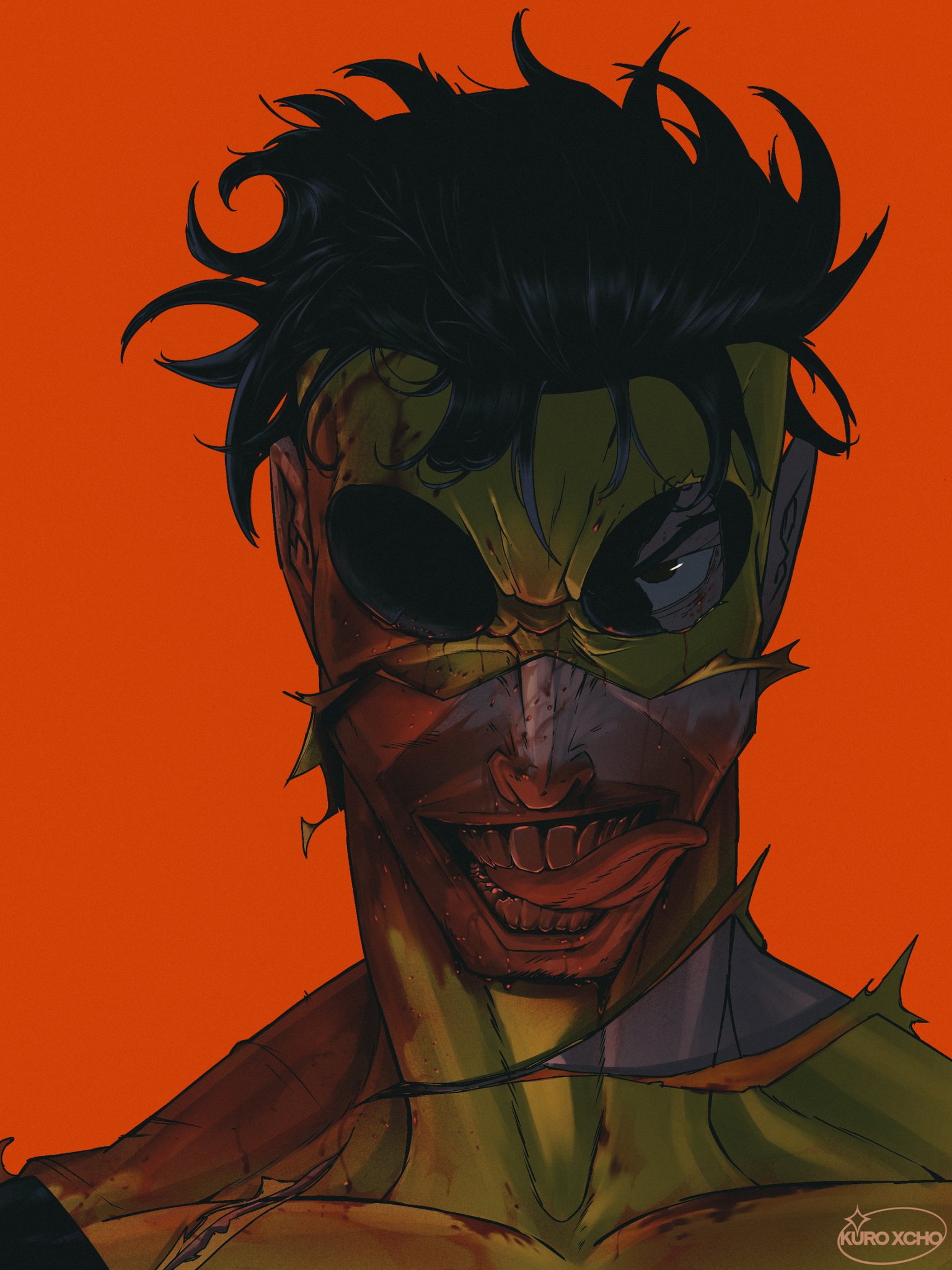 kuroxcho, invincible (series), commentary, english commentary, highres, 1boy, artist logo, artist name, black hair, blood, blood drip, blood on face, bodysuit, broken goggles, crazy grin, evil grin, evil smile, full mask, grin, licking lips, logo, looking at viewer, multicolored bodysuit, open mouth, short hair, sinister invincible, smile, superhero costume, teeth, tongue, tongue out, yellow bodysuit