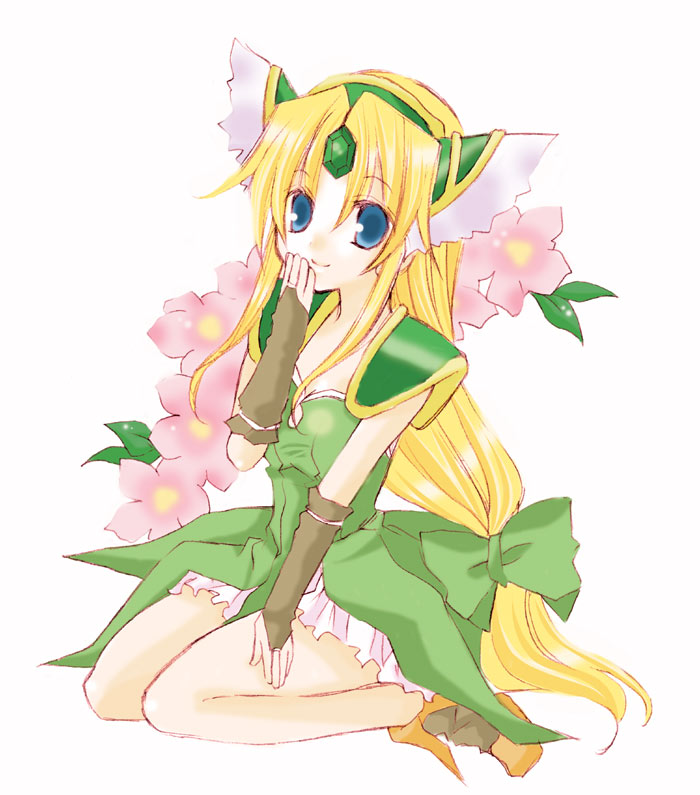 ya-shi, riesz, seiken densetsu, seiken densetsu 3, bad id, bad pixiv id, 1girl, blonde hair, blue eyes, dress, head wings, helmet, kneeling, long hair, low-tied long hair, smile, very long hair, winged helmet, wings