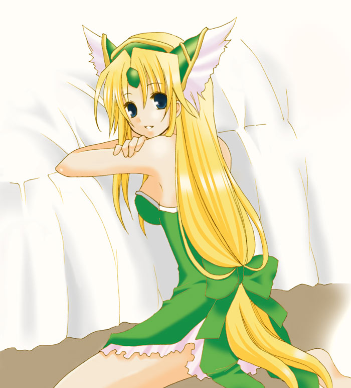 ya-shi, riesz, seiken densetsu, seiken densetsu 3, bad id, bad pixiv id, 1girl, bare shoulders, barefoot, bed, blonde hair, blue eyes, dress, female focus, head wings, helmet, long hair, looking back, low-tied long hair, smile, solo, strapless, strapless dress, very long hair, winged helmet, wings