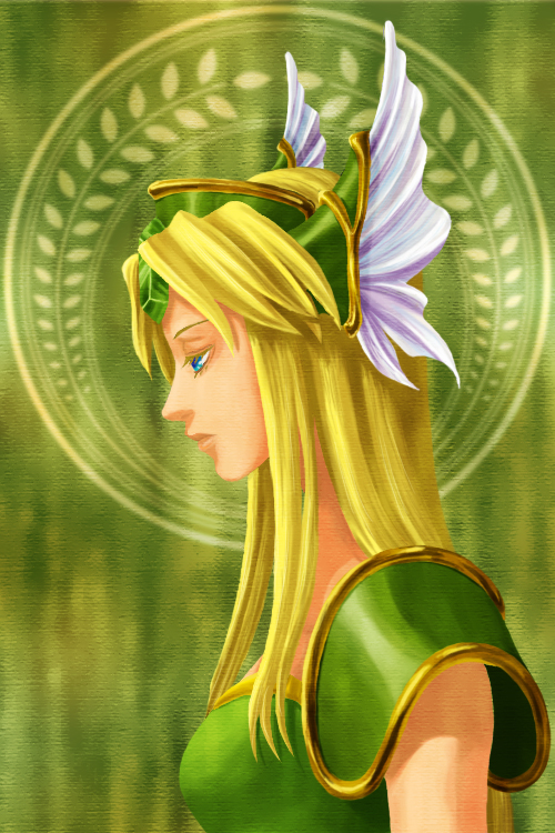 kokarina, riesz, seiken densetsu, seiken densetsu 3, 1girl, blonde hair, blue eyes, head wings, helmet, long hair, profile, winged helmet, wings