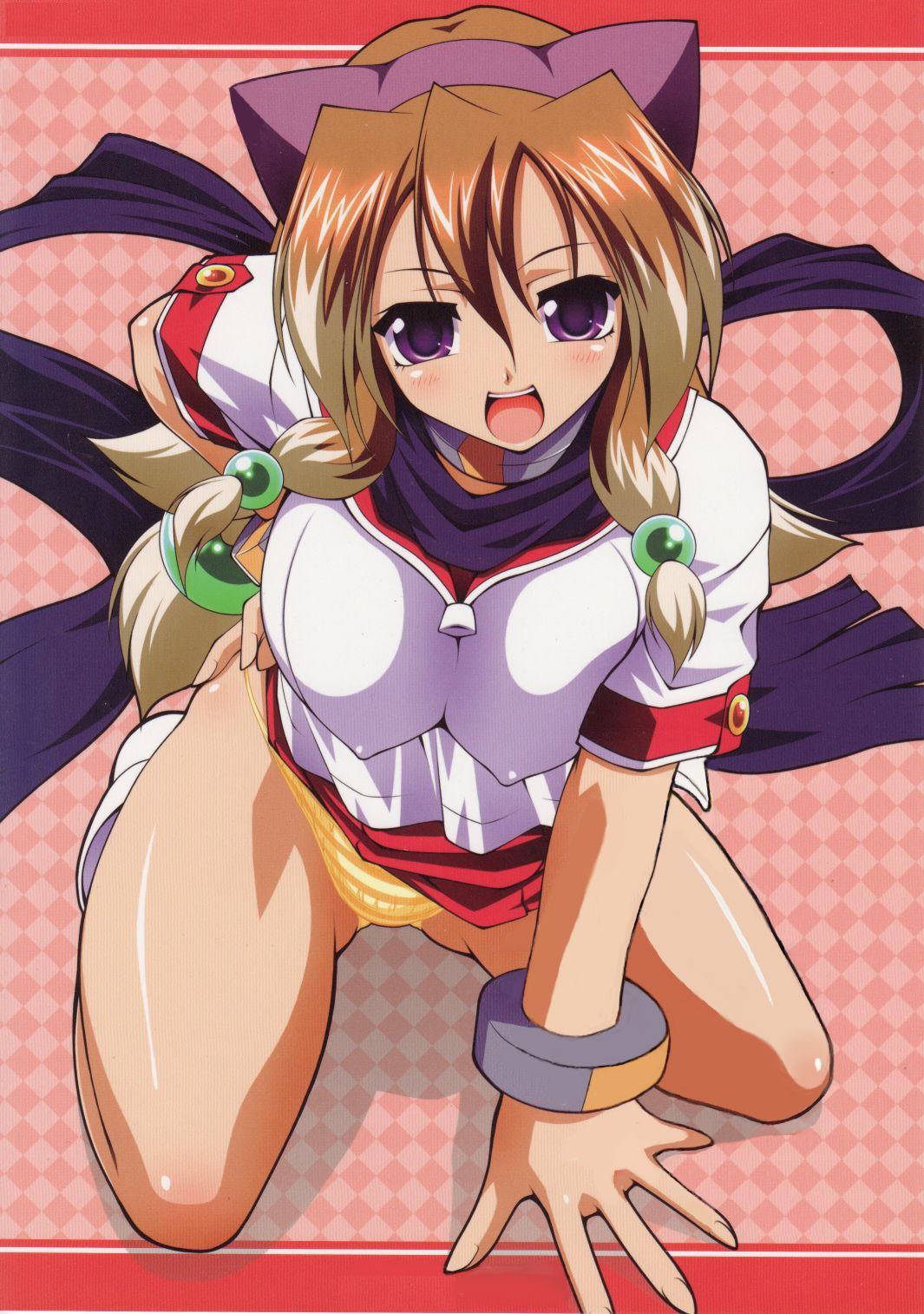 raven (artist), inuwaka akane, aq interactive, arcana heart, arcana heart 2, atlus, examu, highres, jpeg artifacts, scan, scan artifacts, 1girl, :d, animal ears, arm support, blush, bracelet, breasts, brown hair, checkered background, clothes lift, collar, covered erect nipples, female focus, hair bobbles, hair ornament, hairband, hand on own hip, hip focus, jewelry, kneeling, large breasts, long hair, multicolored hair, open mouth, orange panties, panties, pantyshot, pleated skirt, purple eyes, scarf, school uniform, serafuku, shadow, skirt, skirt lift, smile, solo, striped clothes, striped panties, thighs, two-tone hair, underwear, upskirt, very long hair, white hair, yellow panties