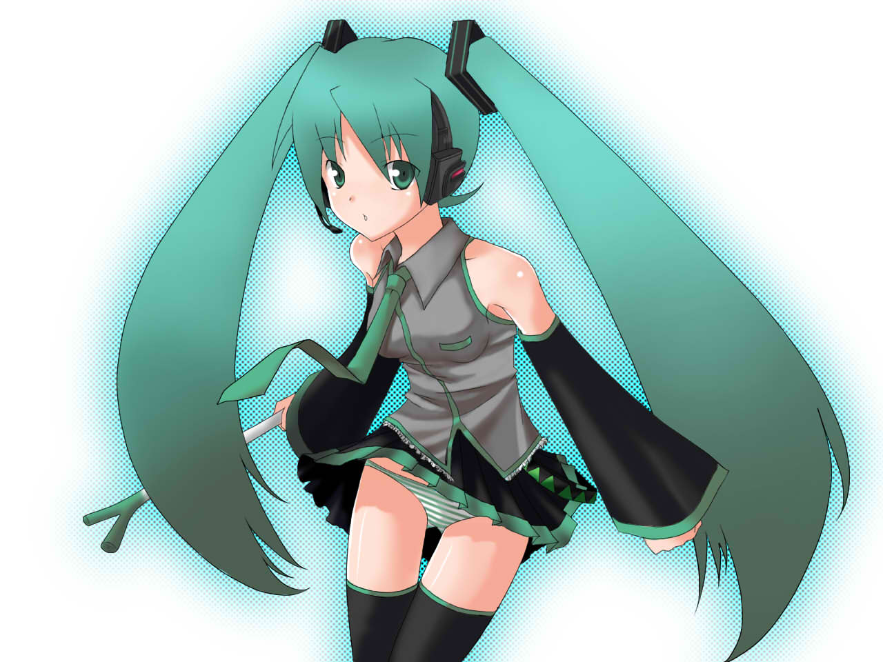 kasu kazu, hatsune miku, vocaloid, gradient hair, green eyes, green hair, headphones, multicolored hair, necktie, panties, skirt, solo, spring onion, striped clothes, striped panties, thighhighs, twintails, underwear