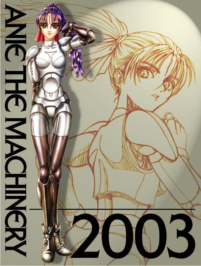 tony taka, original, black footwear, metal, 1girl, 2000s (style), 2003, android, anie the machinery, arm behind back, arm up, boots, bow, breasts, character name, dated, doll joints, female focus, from behind, full body, grey background, hair bow, hair tie, joints, long hair, looking at viewer, looking back, multiple views, open mouth, ponytail, purple hair, red bow, running, simple background, small breasts, spotlight, standing