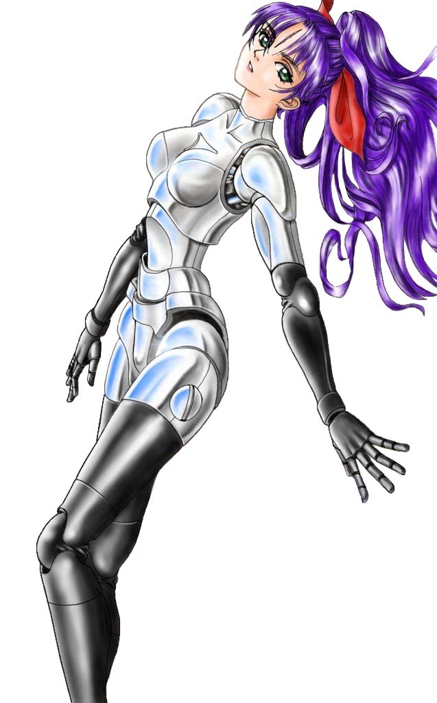 tony taka, original, metal, 1girl, 2000s (style), android, anie the machinery, bow, breasts, doll joints, dutch angle, facial mark, feet out of frame, female focus, green eyes, hair bow, joints, lips, long hair, looking at viewer, ponytail, purple hair, red bow, ribbon, robot, scar, scar on face, simple background, small breasts, solo, standing, white background