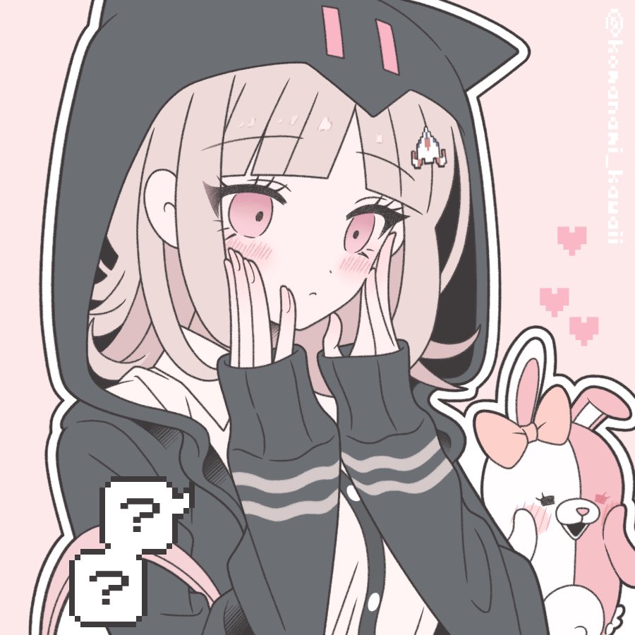 komanami kawaii, monomi (danganronpa), nanami chiaki, danganronpa (series), danganronpa 2: goodbye despair, 1girl, :d, ?, black jacket, blush, bow, brown hair, closed mouth, ear bow, flipped hair, hair ornament, hands on own cheeks, hands on own face, hands up, heart, heterochromia, hood, hooded jacket, jacket, long sleeves, medium hair, open clothes, open jacket, open mouth, pink eyes, shirt, smile, spoken question mark, upper body, white shirt