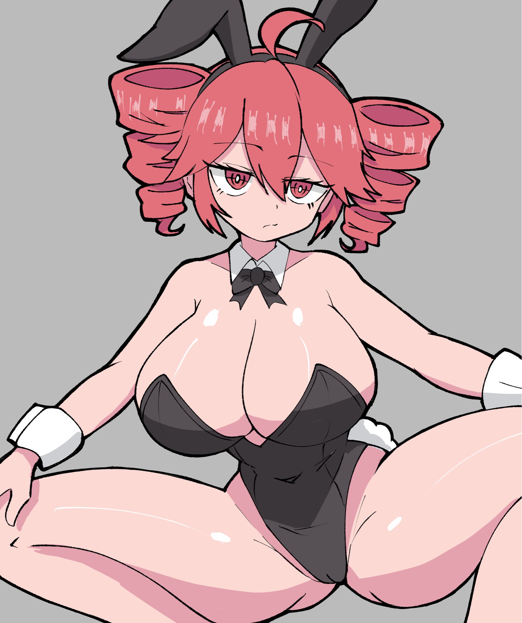 hitorikanawo, kasane teto, utau, highres, 1girl, ahoge, alternate breast size (larger), animal ear hairband, animal ears, black leotard, breasts, cleavage, detached collar, drill hair, fake animal ears, fake tail, grey eyes, hair between eyes, hairband, half-closed eyes, hands on own knees, large breasts, leotard, looking at viewer, playboy bunny, rabbit ear hairband, rabbit ears, rabbit tail, red eyes, red hair, red leotard, solo, squatting, strapless, strapless leotard, tail, twin drills, wrist cuffs
