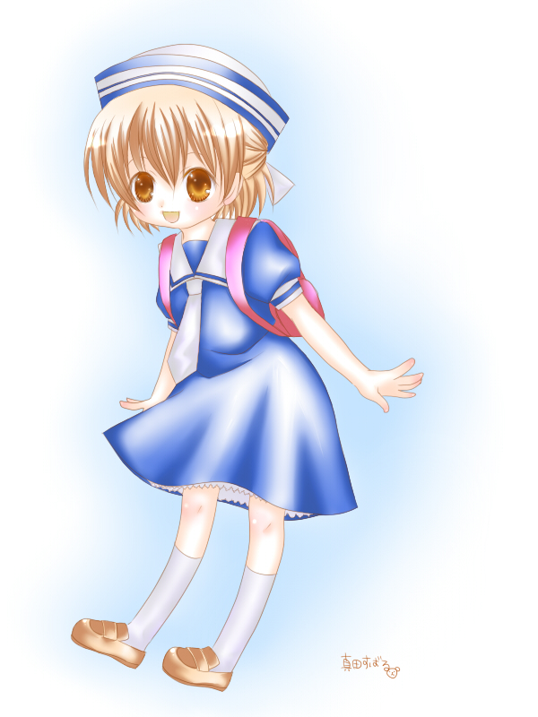 sanada subaru, okazaki ushio, clannad, brown footwear, white legwear, bad id, bad pixiv id, 00s, backpack, bag, brown eyes, brown hair, dixie cup hat, dress, hat, military hat, randoseru, sailor dress, school uniform, shoes, short hair, socks