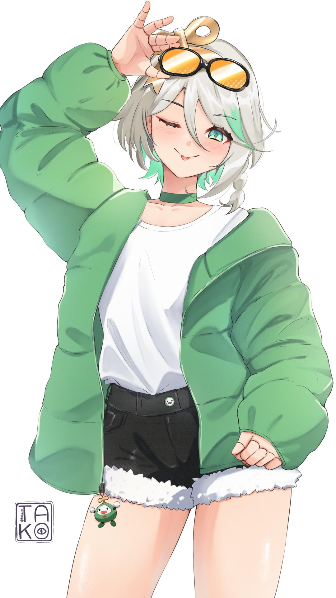 takoroki, cecilia immergreen, otomo (cecilia immergreen), hololive, hololive english, commentary, highres, 1girl, ;p, adjusting eyewear, alternate costume, arm up, black shorts, braid, colored inner hair, cowboy shot, denim, denim shorts, doll, doll joints, double-parted bangs, eyewear on head, fur-trimmed shorts, fur trim, green eyes, green hair, green jacket, grey hair, hair between eyes, hair ornament, jacket, joints, looking at viewer, multicolored hair, one eye closed, open clothes, open jacket, shirt, shirt tucked in, short hair, short shorts, shorts, side braid, simple background, single braid, solo, streaked hair, sunglasses, tongue, tongue out, virtual youtuber, white background, white shirt, winding key