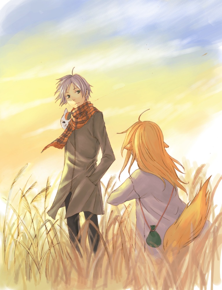 kawazaki, kogitsune, kogizune, natsume takashi, nyanko-sensei, natsume yuujinchou, 00s, ahoge, animal ears, fox, fox ears, fox tail, male focus, outdoors, plaid clothes, plaid scarf, scarf, standing, tail