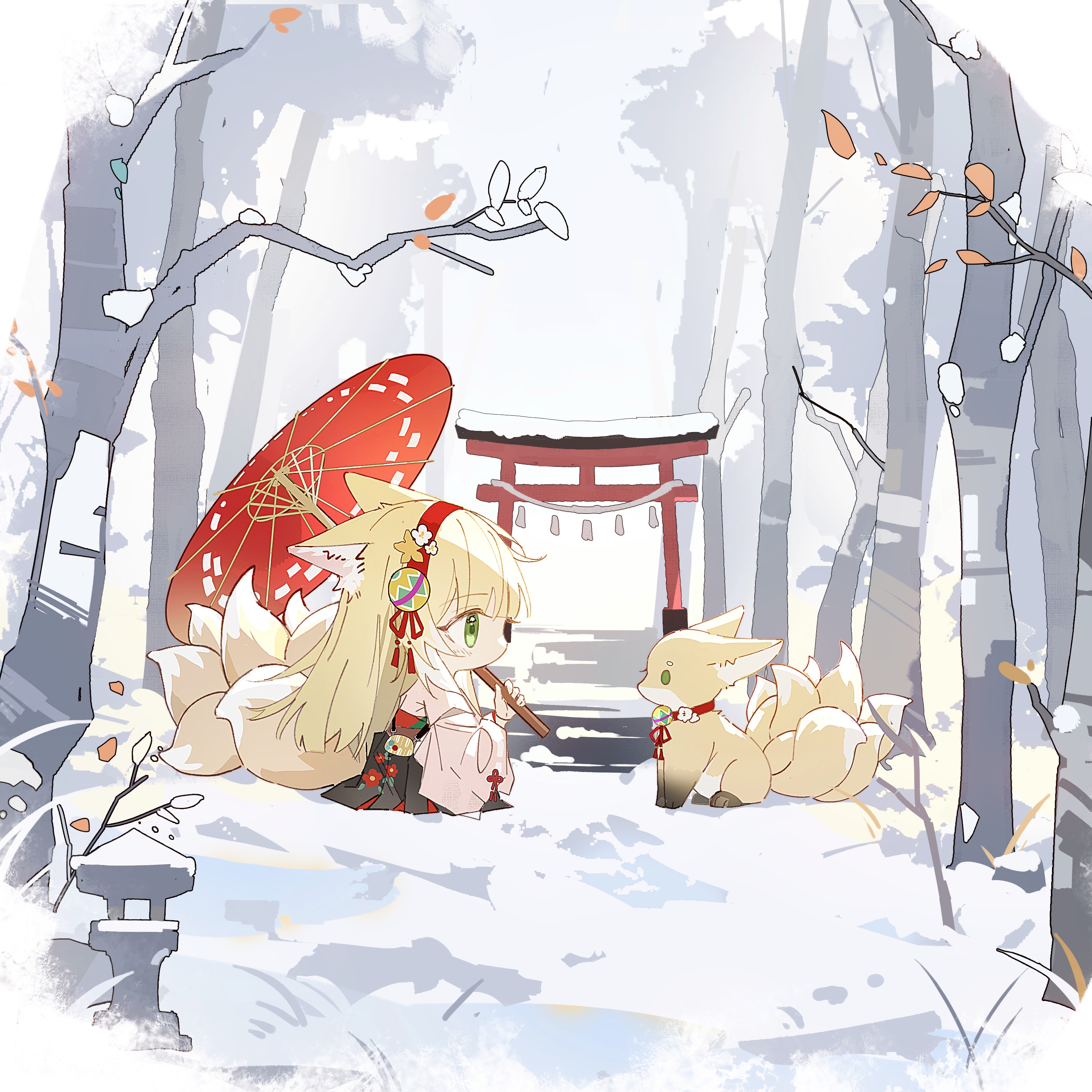 suzuran (arknights), suzuran (yukibare) (arknights), arknights, absurdres, chinese commentary, commentary request, highres, 1girl, ami a mi, animal ears, blonde hair, chibi, fox, fox ears, fox girl, fox tail, green eyes, hairband, japanese clothes, kimono, kitsune, long hair, multiple tails, official alternate costume, oil-paper umbrella, red hairband, red umbrella, snow, tail, umbrella