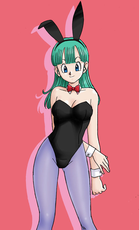uraharukon, dragon ball, dragon ball (classic), 1girl, animal ears, aqua hair, arm at side, arm behind back, bare shoulders, black leotard, blue eyes, bow, bowtie, breasts, cleavage, closed mouth, detached collar, fake animal ears, female focus, green hair, leotard, long hair, looking at viewer, medium breasts, neck, pantyhose, playboy bunny, purple pantyhose, rabbit ears, red background, red bow, red bowtie, simple background, smile, solo, standing, straight hair, strapless, strapless leotard, wide hips, wrist cuffs