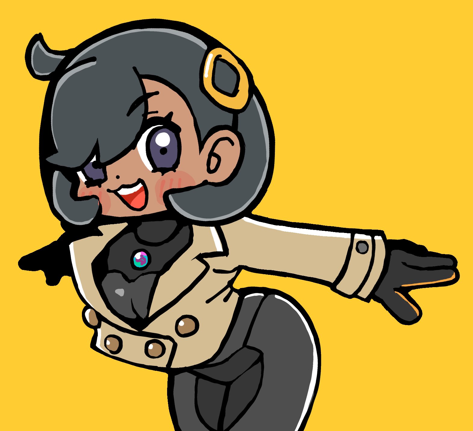 bkub, emma (pokemon), nintendo, pokemon, pokemon legends: z-a, highres, 1girl, :3, :d, black gloves, black hair, black pants, black shirt, blush stickers, brown jacket, cowboy shot, gloves, hair ornament, jacket, long sleeves, looking at viewer, open mouth, pants, purple eyes, shirt, short hair, simple background, smile, solo, teeth, upper teeth only, yellow background