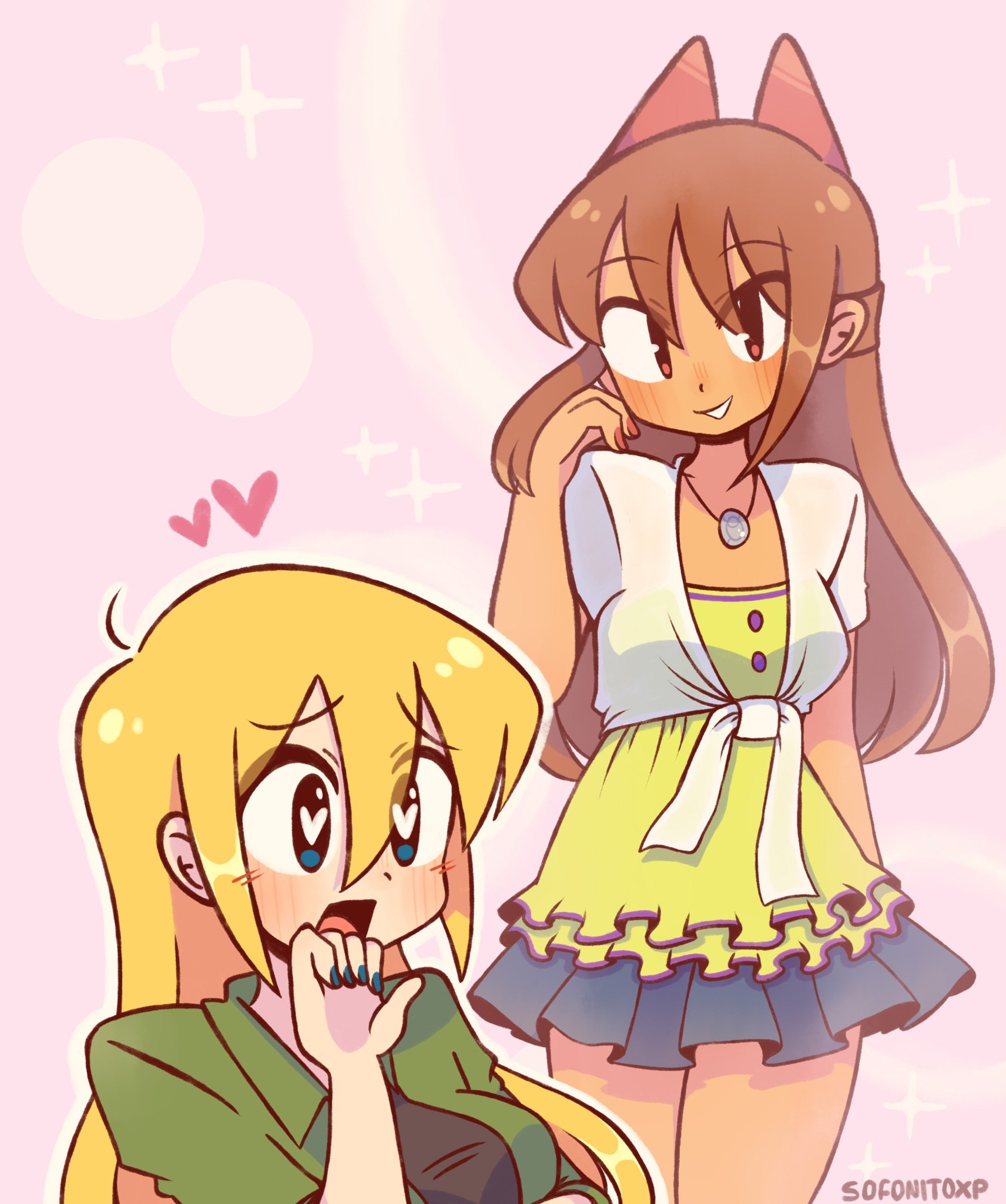 sofo soup, original, highres, 2girls, blonde hair, blue eyes, blue nails, blue skirt, blush, breasts, brown eyes, brown hair, collarbone, dark-skinned female, dark skin, double-parted bangs, hair between eyes, heart, jewelry, long hair, medium breasts, multiple girls, necklace, open mouth, parted lips, red nails, short sleeves, skirt, small breasts, smile, yuri