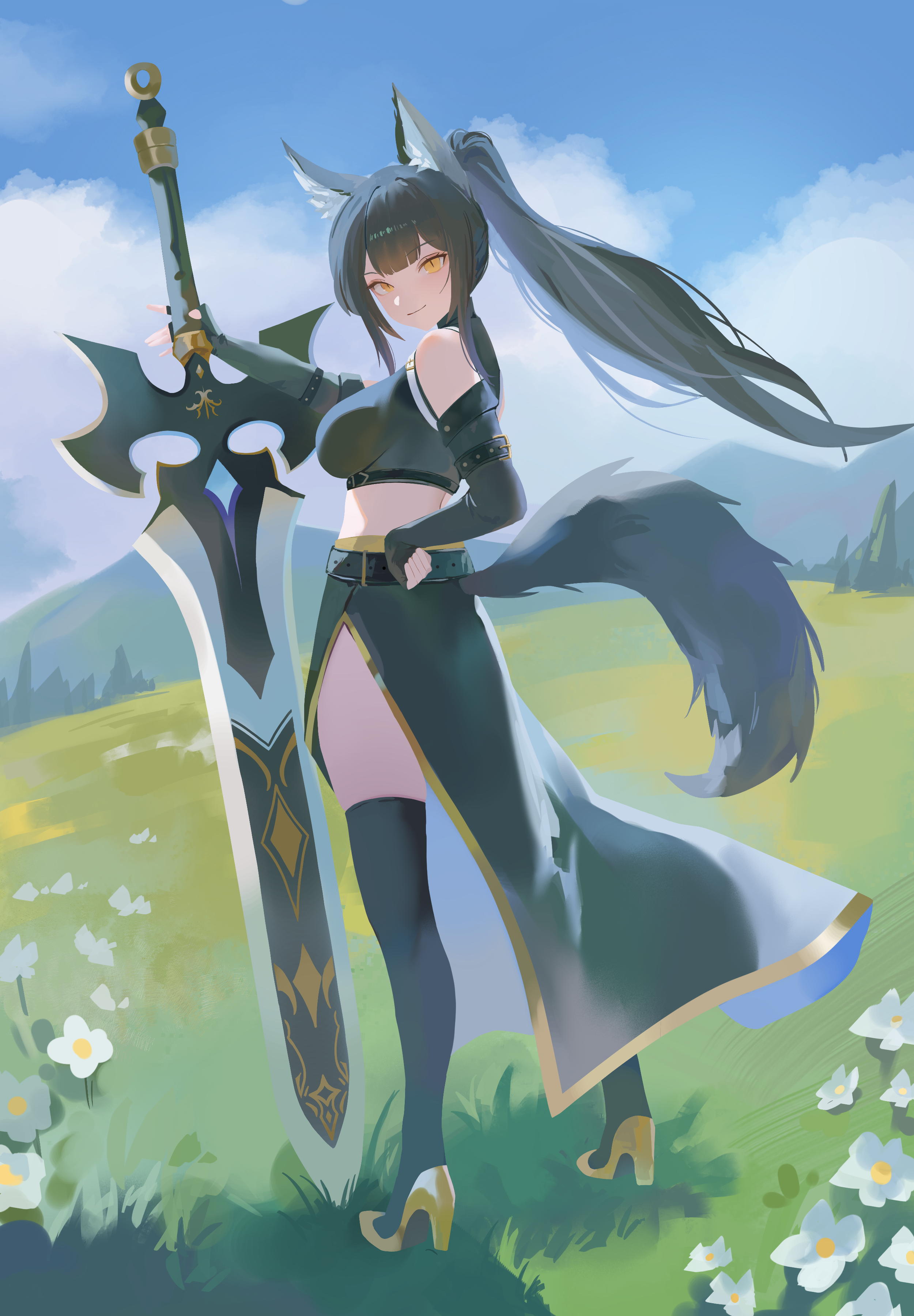 nbee ya, original, absurdres, commentary request, commission, highres, 1girl, animal ear fluff, animal ears, bare shoulders, belt, black belt, black gloves, black hair, black skirt, black thighhighs, blue sky, breasts, closed mouth, crop top, elbow gloves, field, fingerless gloves, flower, from behind, full body, gloves, high heels, high ponytail, holding, holding sword, holding weapon, large breasts, long sidelocks, looking at viewer, multicolored skirt, outdoors, ponytail, shoes, sidelocks, skirt, sky, solo, standing, sword, tail, thighhighs, weapon, white flower, white skirt, yellow eyes, yellow shoes, yellow skirt