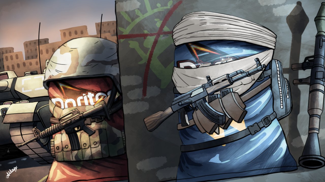 m1 abrams, doritos, original, commentary, english commentary, ammunition pouch, askapy, assault rifle, backpack, bag, bag of chips, bandana, bulletproof vest, combat helmet, gun, headscarf, helmet, holding, holding gun, holding weapon, kalashnikov rifle, m16, magazine (weapon), military vehicle, motor vehicle, no humans, outdoors, pouch, rifle, rocket launcher, rpg, rpg-7, rpg (weapon), tank, weapon, white bandana, white headscarf
