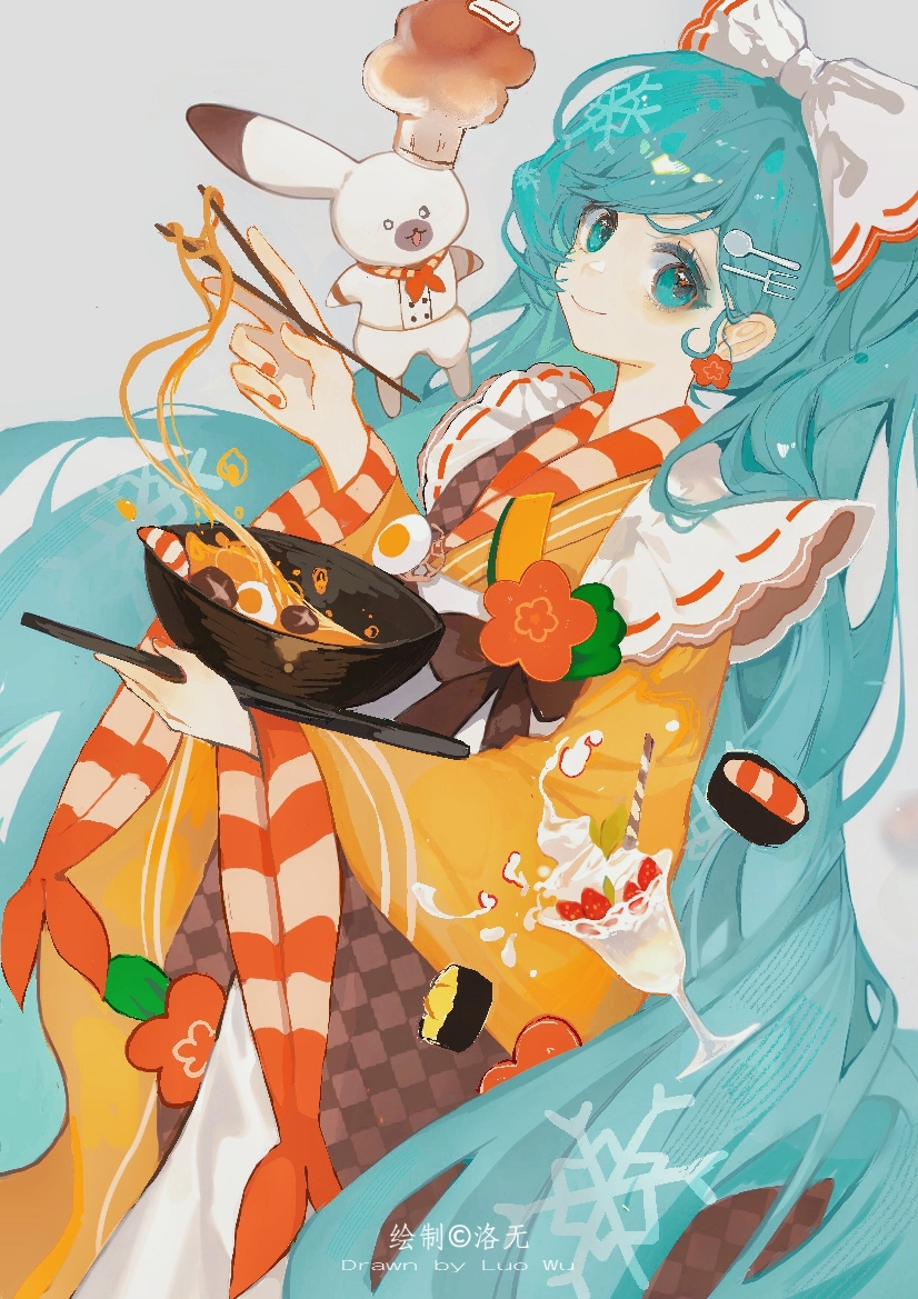 luowu shi mian, hatsune miku, rabbit yukine, yuki miku, yuki miku (2024), vocaloid, commentary, english commentary, 1girl, 1other, absurdly long hair, aqua eyes, aqua hair, artist name, bow, chopsticks, closed mouth, dutch angle, earrings, egg (food), feet out of frame, floating food, flower, flower earrings, food, fork hair ornament, grey background, hair bow, hardboiled egg, holding, holding chopsticks, holding tray, japanese clothes, jewelry, kimono, long hair, long sleeves, looking at viewer, nail polish, noodles, orange flower, orange kimono, orange nails, rabbit, simple background, smile, spoon hair ornament, sushi, tray, very long hair, whipped cream, white bow