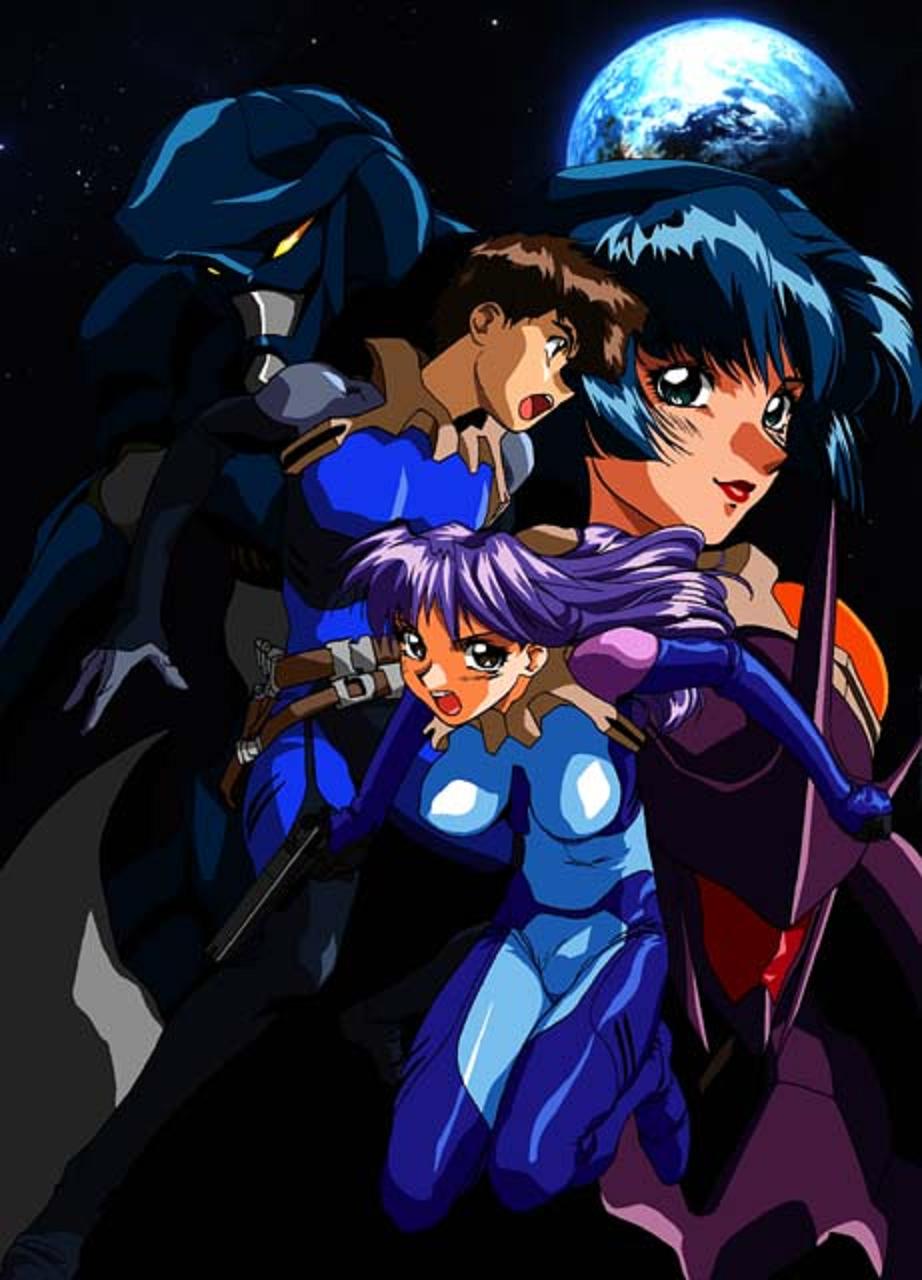 highres, tagme, backguiner, blue hair, bodysuit, mecha, moon, purple hair, robot