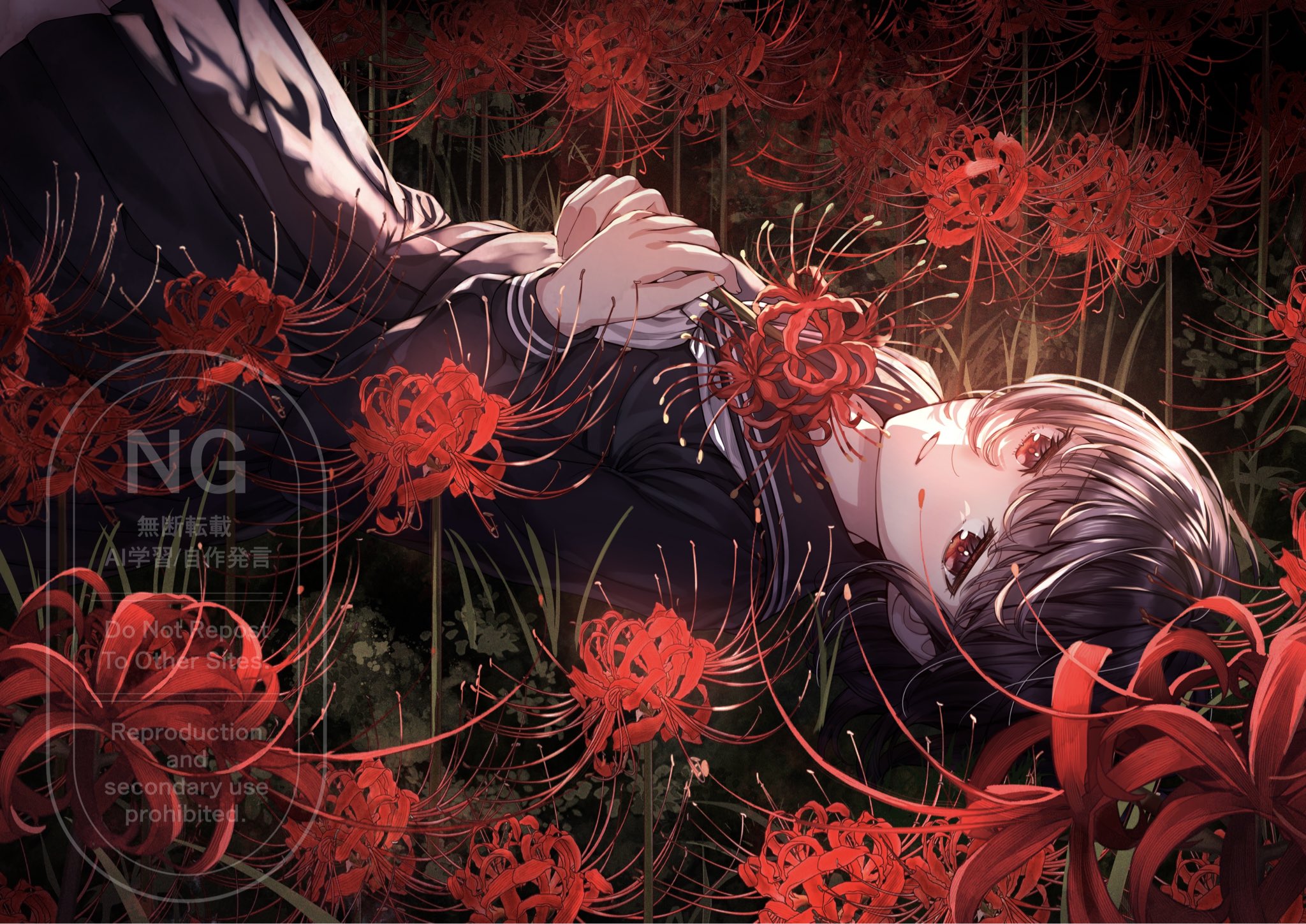 sakura (39ra), original, commentary request, highres, 1girl, black hair, black sailor collar, black serafuku, black shirt, black skirt, feet out of frame, field, flower, flower field, holding, holding flower, long hair, long sleeves, looking at viewer, parted lips, pleated skirt, red eyes, red flower, sailor collar, school uniform, serafuku, shirt, skirt, solo, spider lily, watermark