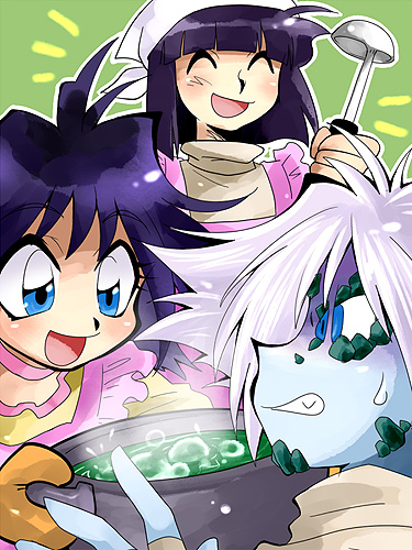 poreisan (portrain), amelia wil tesla seyruun, xelloss, zelgadiss graywords, slayers, pot, lowres, 1girl, 2boys, apron, cooking, green background, ladle, multiple boys