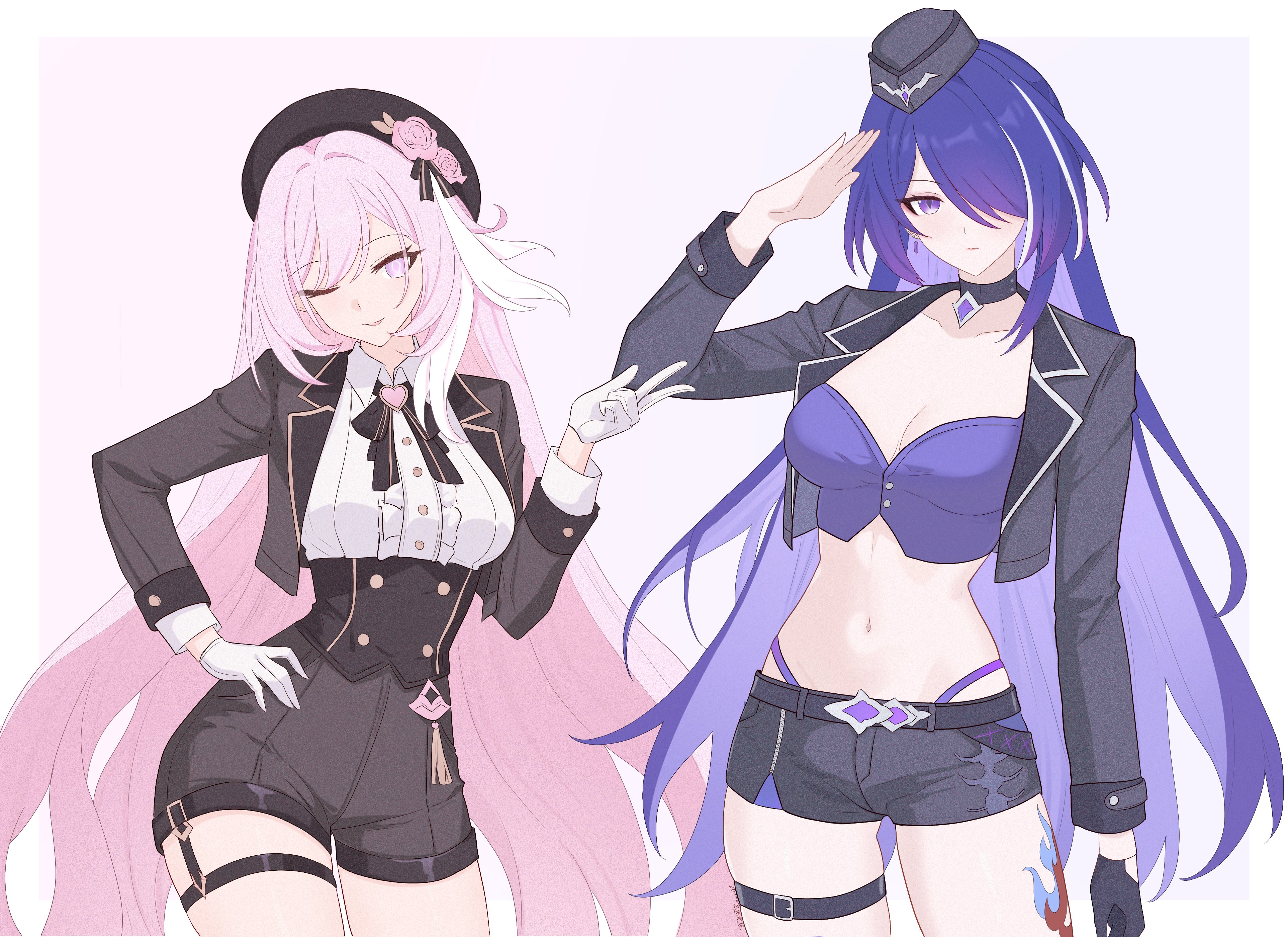 samlatte, acheron (honkai: star rail), elysia (honkai impact), honkai: star rail, honkai (series), honkai impact 3rd, absurdres, highres, 2girls, alternate costume, belt, black gloves, black hat, black jacket, black shorts, border, breasts, buttons, center frills, cleavage, closed mouth, collared shirt, crop top, double-breasted, earrings, flower, frills, gloves, hair over one eye, hand on own hip, hand up, hat, hat flower, high-waist shorts, in-franchise crossover, jacket, jewelry, leg tattoo, long hair, long sleeves, looking at viewer, medium breasts, multiple girls, navel, one eye closed, open clothes, open jacket, pink background, pink flower, pink hair, purple eyes, purple hair, salute, shirt, shirt tucked in, shorts, signature, single glove, smile, stomach, tattoo, thigh belt, thigh strap, thighs, v, very long hair, white border, white gloves, white shirt