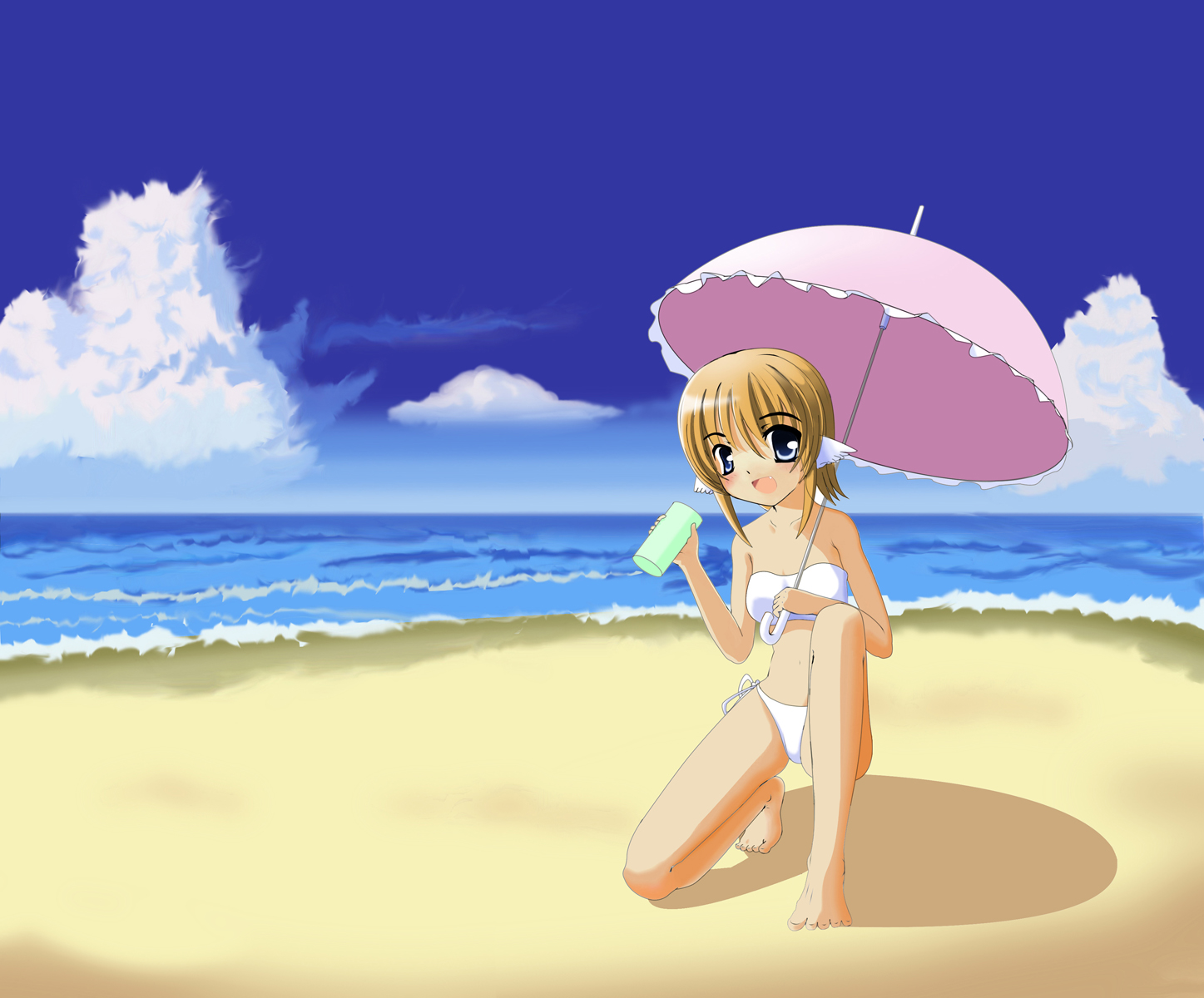 hu sea, bad id, bad pixiv id, highres, 1girl, barefoot, beach, bikini, blonde hair, blue eyes, day, female focus, on one knee, outdoors, parasol, short hair, solo, swimsuit, umbrella, white bikini