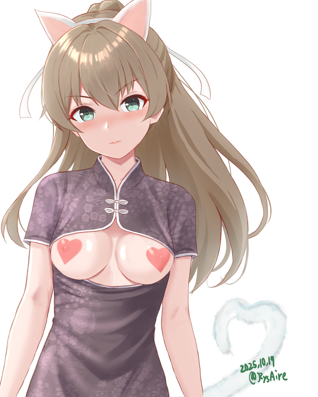ame-san, kumano (kancolle), kantai collection, commentary request, highres, 1girl, animal ear hairband, animal ears, aqua eyes, blush, breasts, brown hair, china dress, chinese clothes, cleavage cutout, clothing cutout, covered erect nipples, dated, dress, fake animal ears, hairband, heart pasties, long hair, looking at viewer, pasties, ponytail, print dress, short sleeves, simple background, solo, twitter username, upper body, white background