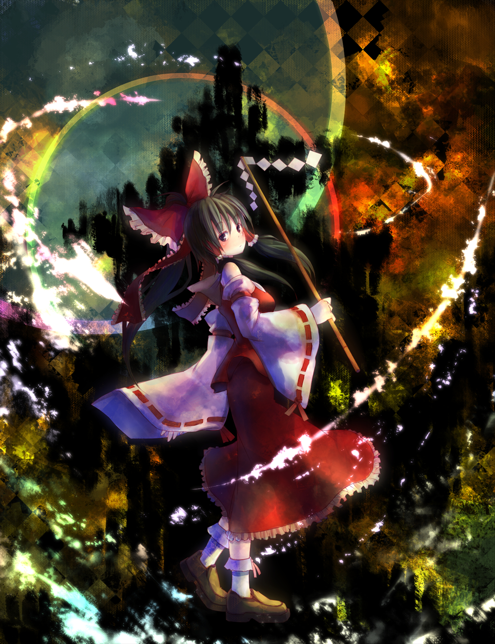 eho (icbm), hakurei reimu, touhou, light, bad id, bad pixiv id, highres, 1girl, bow, cloud, female focus, grey eyes, long hair, solo