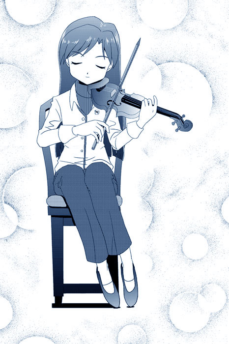 kozou (rifa), refine (studio emerald refine), kisaragi chihaya, idolmaster, idolmaster (classic), idolmaster 1, 00s, 1girl, chair, closed eyes, female focus, instrument, long hair, monochrome, solo, turtleneck, violin