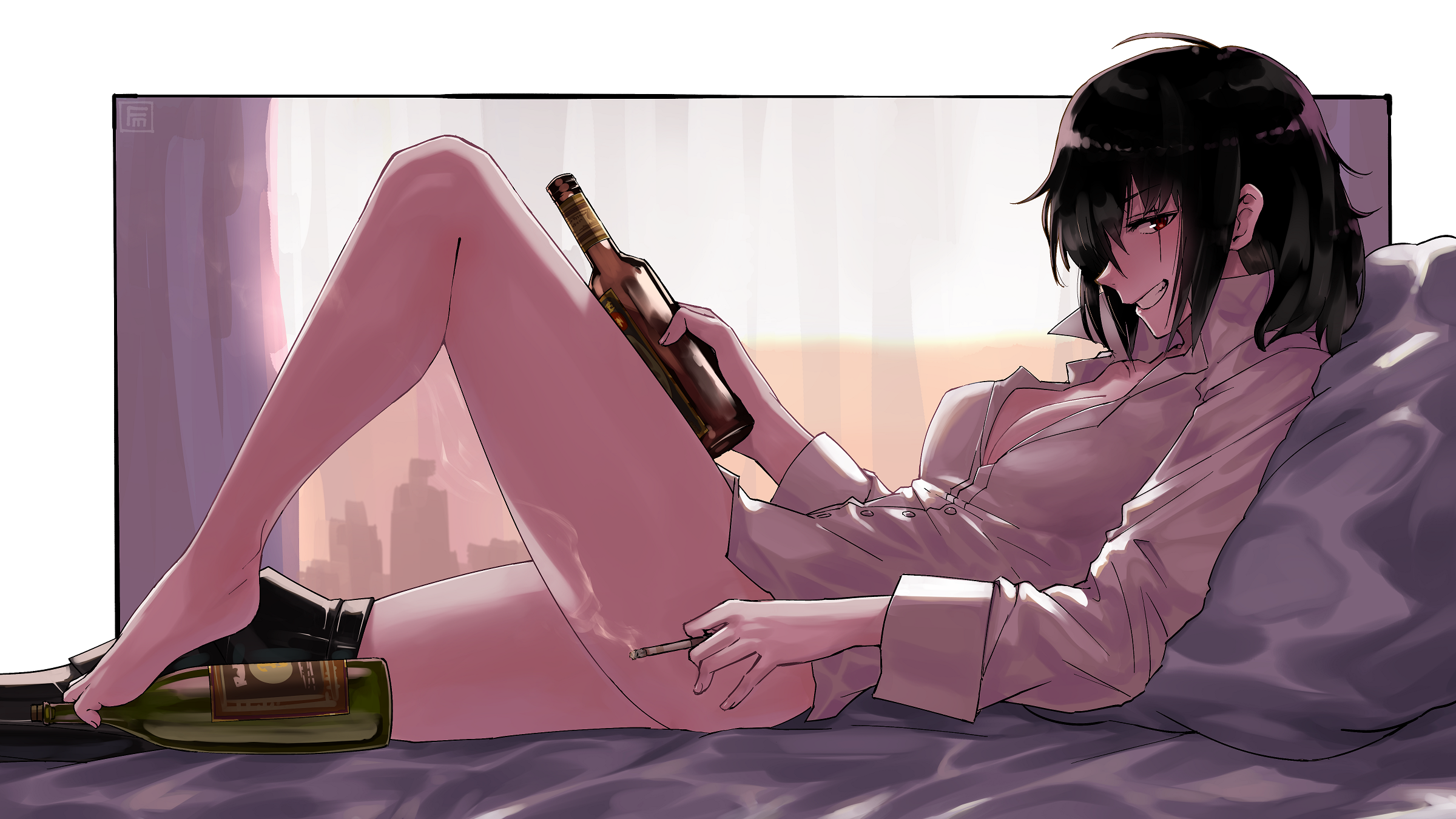 fumato, original, commentary request, commission, highres, 1girl, barefoot, black hair, bottle, breasts, cigarette, cleavage, collared shirt, feet, grin, holding, holding bottle, holding cigarette, looking at viewer, lying, medium hair, on back, on bed, partially unbuttoned, pillow, scar, scar across eye, scar on face, shirt, smile, smoke, solo, toes, white shirt
