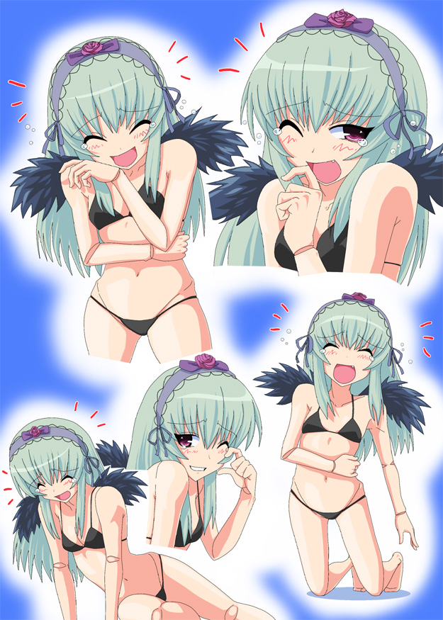 kozou (rifa), refine (studio emerald refine), suigintou, rozen maiden, silver hair, 00s, 1girl, barefoot, bikini, doll joints, fang, hairband, joints, laughing, long hair, purple eyes, swimsuit, tears, wings