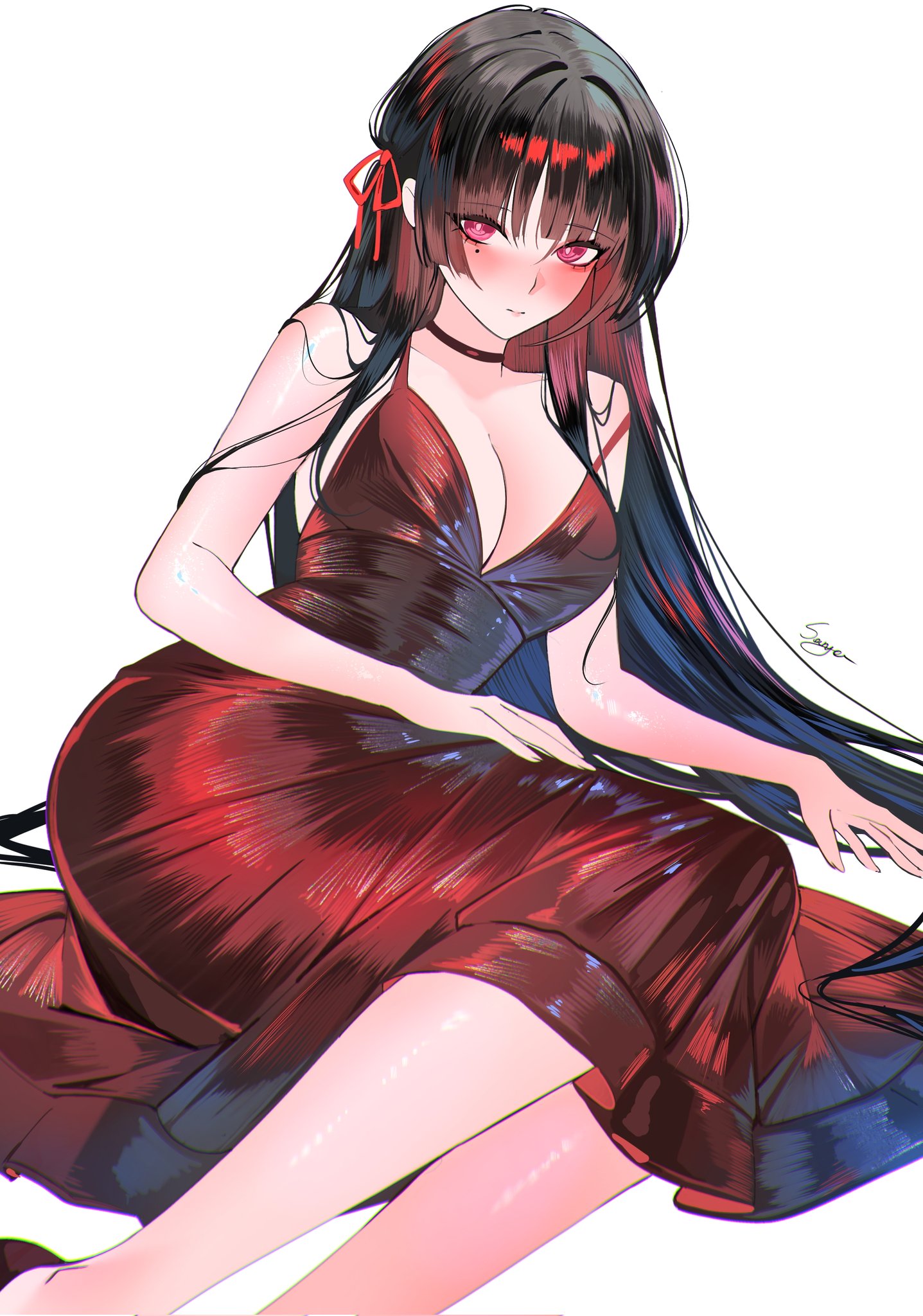 sanya (sanya lox228), chisa (wuthering waves), wuthering waves, commentary, corrupted twitter file, english commentary, highres, 1girl, alternate costume, arm support, bare shoulders, black choker, black hair, blush, breasts, choker, chromatic aberration, cleavage, closed mouth, collarbone, dress, hair ribbon, long dress, long hair, looking at viewer, medium breasts, mole, mole under eye, red dress, red eyes, red ribbon, ribbon, signature, simple background, solo, very long hair, white background