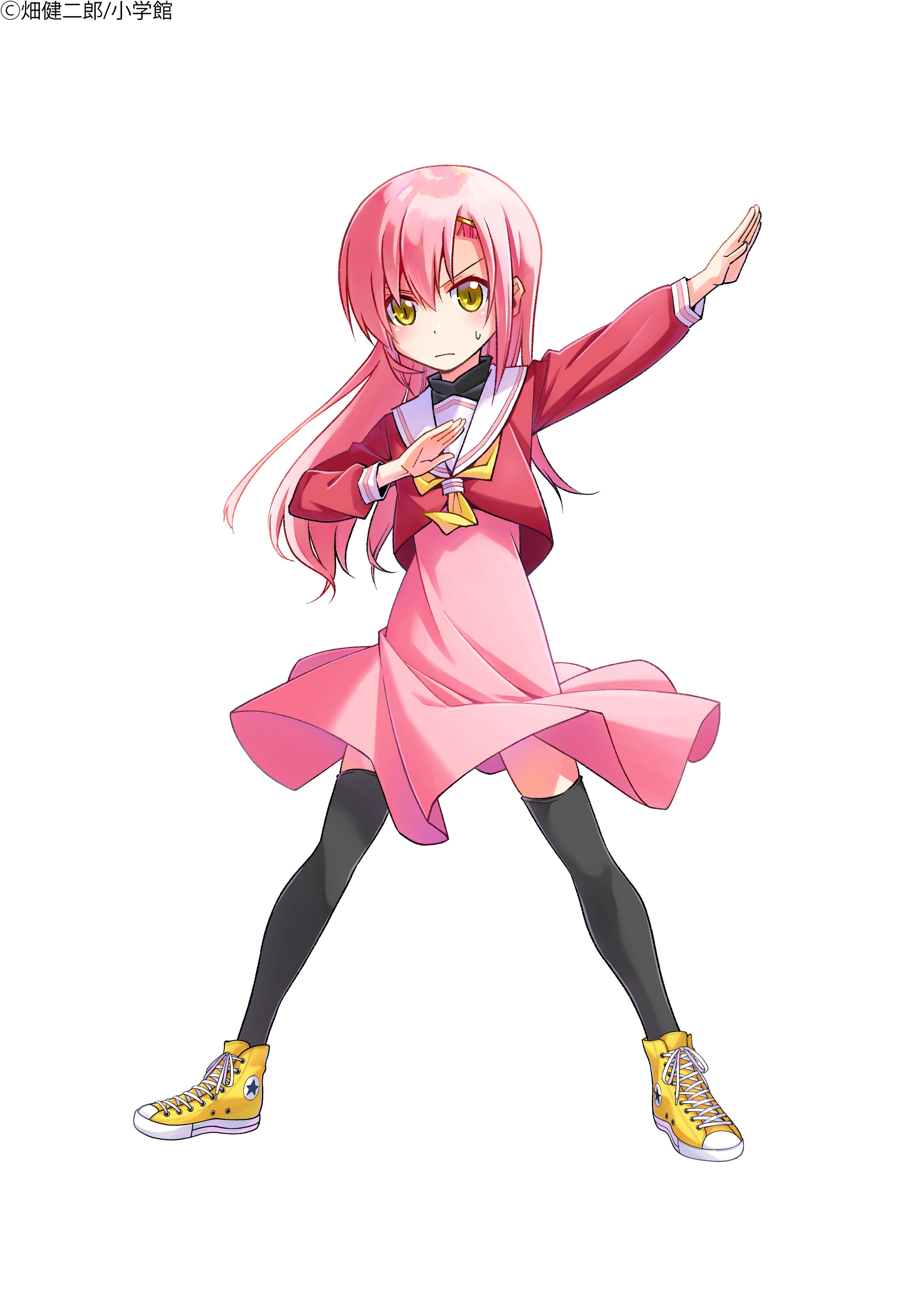hata kenjirou, katsura hinagiku, hayate no gotoku!, absurdres, highres, official art, 1girl, arms up, blush, full body, hair ornament, henshin pose, legs, long hair, looking at viewer, pink hair, school uniform, shoes, simple background, skirt, solo, thighhighs, white background, wind, wind lift, yellow eyes, zettai ryouiki