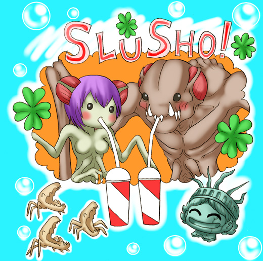 ikuramaru, clover (character), statue of liberty, cloverfield, gender request, black eyes, breasts, bubble, claws, clover, clovers, couple, drink, drinking straw, dual persona, extra arms, genderswap, hatchlings, hetero, monster, monster girl, multi limb, no humans, no nipples, personification, purple hair, severed head, smile