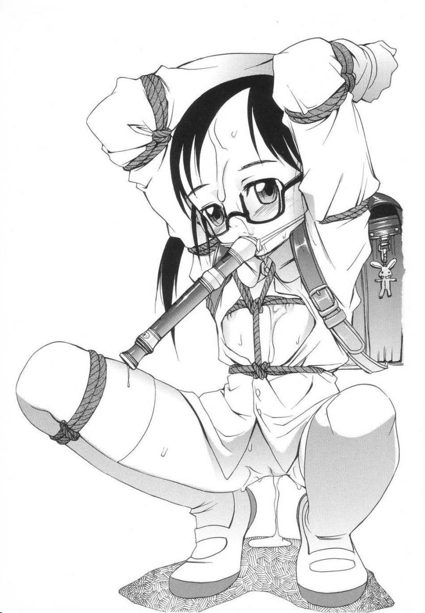 kuro (artist), original, highres, 1girl, head, arms behind head, arms up, backpack, bag, bdsm, bondage, bottomless, bound, bound arms, bound legs, bound wrists, cum, flute, frogtie, glasses, instrument, loli, looking at viewer, monochrome, nipples, no panties, open clothes, pussy, pussy juice, randoseru, recorder, rope, shoes, spread legs, squatting, thighhighs, twintails, uncensored