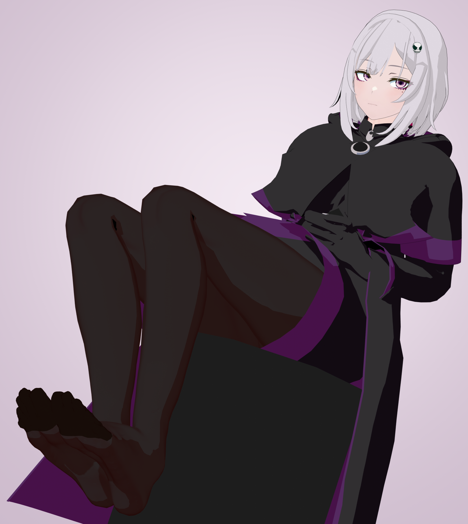 focofortune, original, highres, 1girl, feet, grey hair, looking at viewer, medium hair, pantyhose, purple eyes, soles, toes