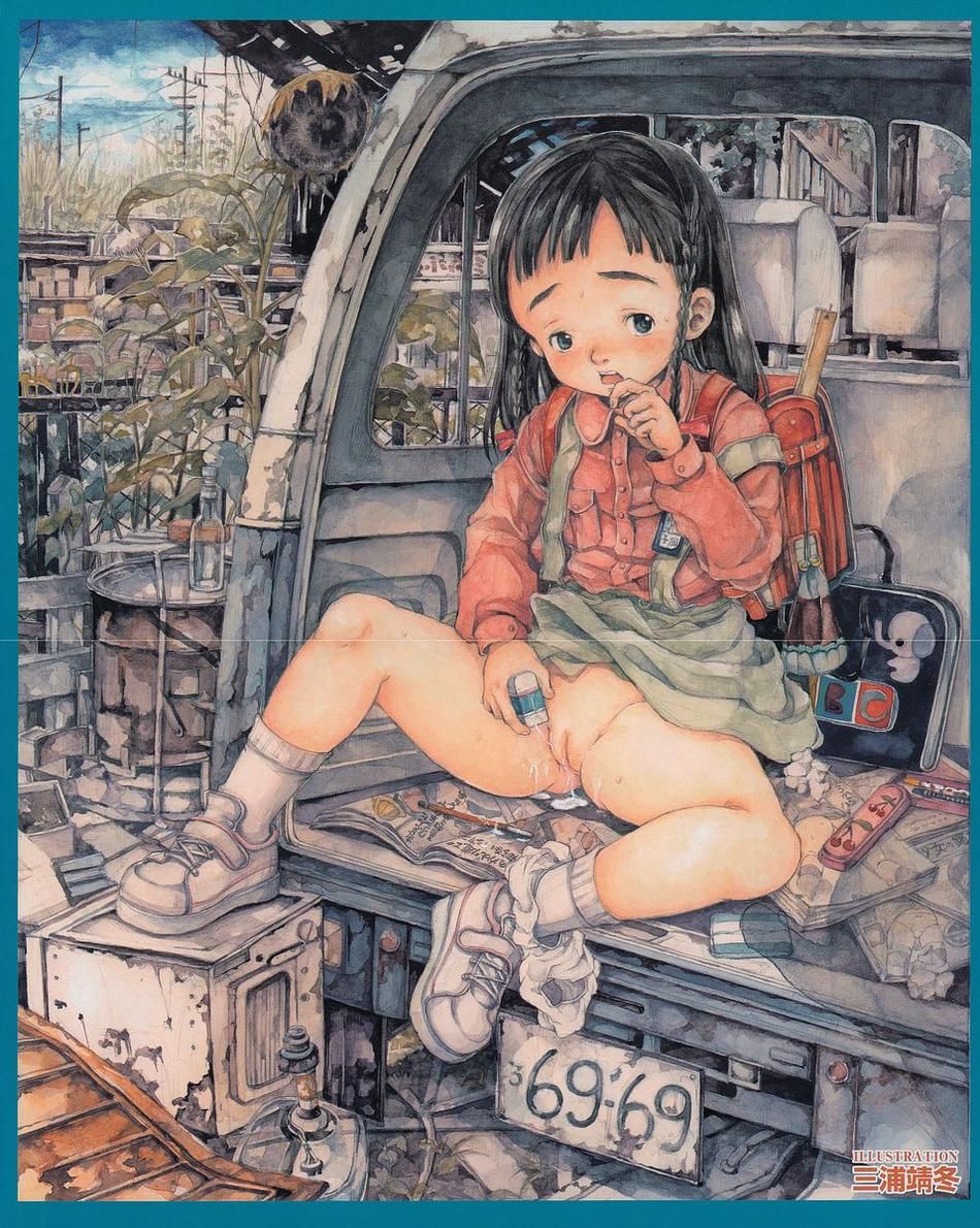 backpack, bag, black hair, eraser, loli, masturbation, miura yasufuyu, panties, panty pull, pussy, pussy juice, randoseru, school uniform, underwear, upskirt