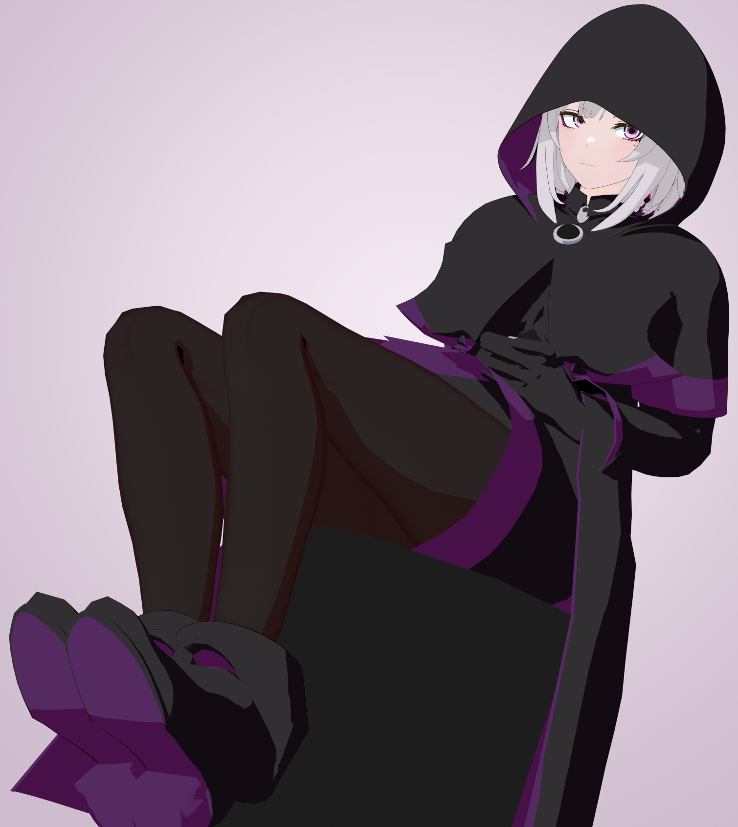 focofortune, original, highres, 1girl, grey hair, hood, looking at viewer, medium hair, pantyhose, purple eyes, shoes