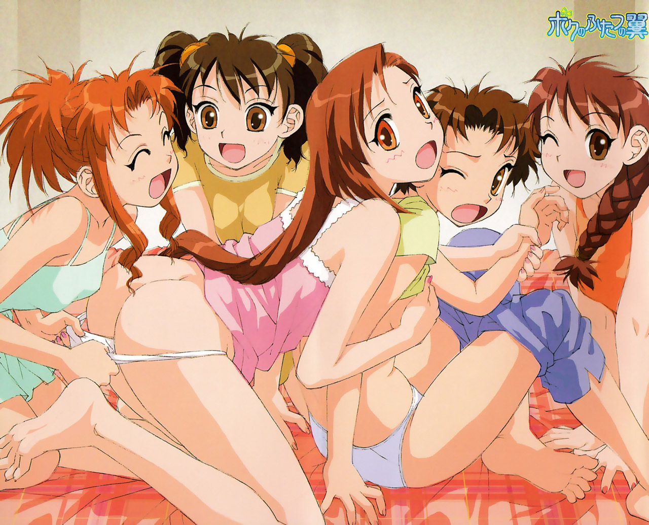 yui toshiki, kashiwagi makoto, boku no futatsu no tsubasa, 5girls, ass, blush, breasts, camisole, feet, female focus, ichimaru hiromi, long hair, miyuki (boku no futatsu no tsubasa), morosato kanna, multiple girls, panties, panty pull, party, short hair, smile, takaishi ayame, twintails, underwear, wink, yuri