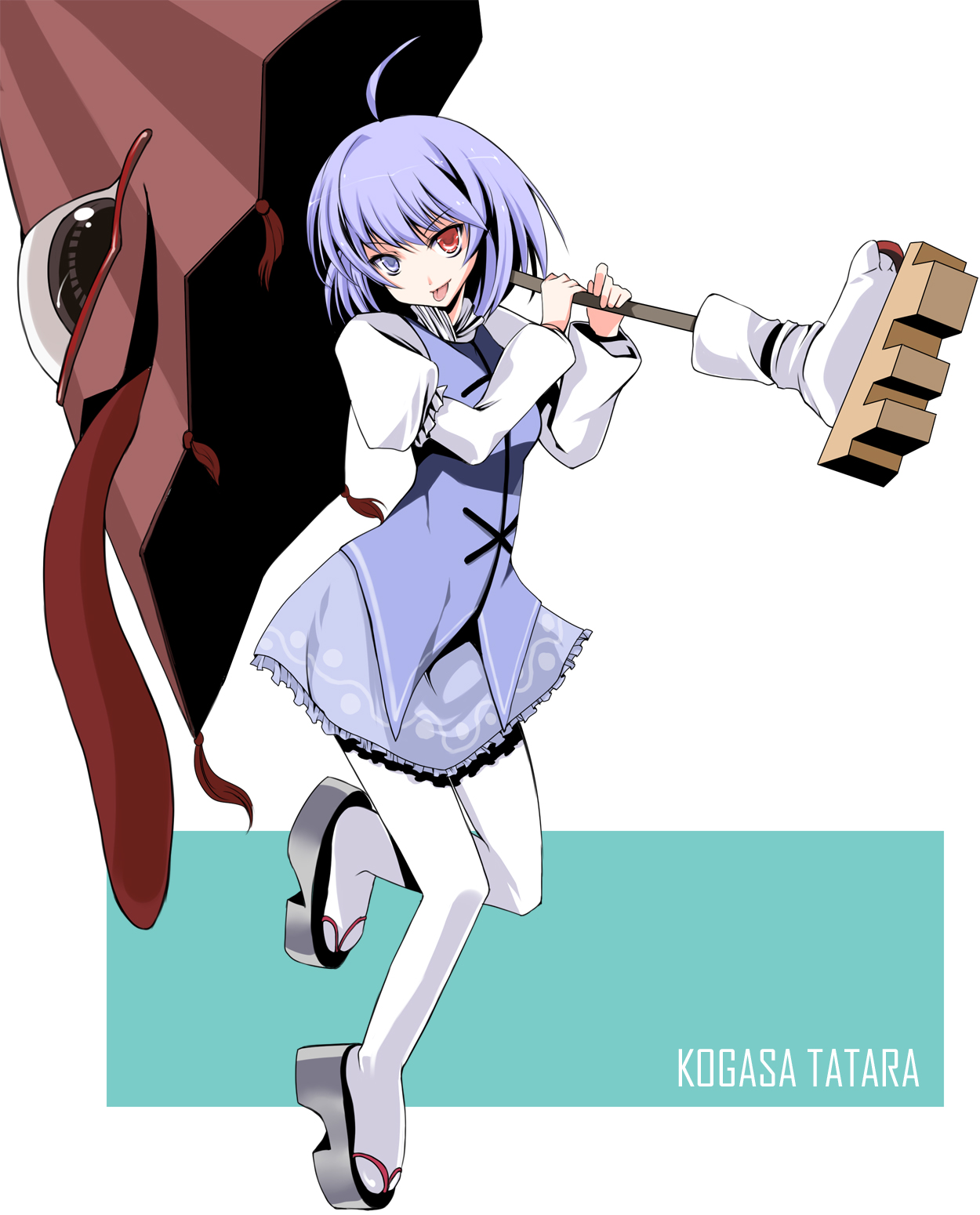 atoshi, tatara kogasa, touhou, platform footwear, bad id, bad pixiv id, highres, 1girl, :p, ahoge, blue eyes, blue hair, character name, english text, female focus, geta, heterochromia, karakasa obake, matching hair/eyes, oil-paper umbrella, pantyhose, platform heels, platform sandals, red eyes, sandals, simple background, solo, tongue, tongue out, umbrella, white pantyhose