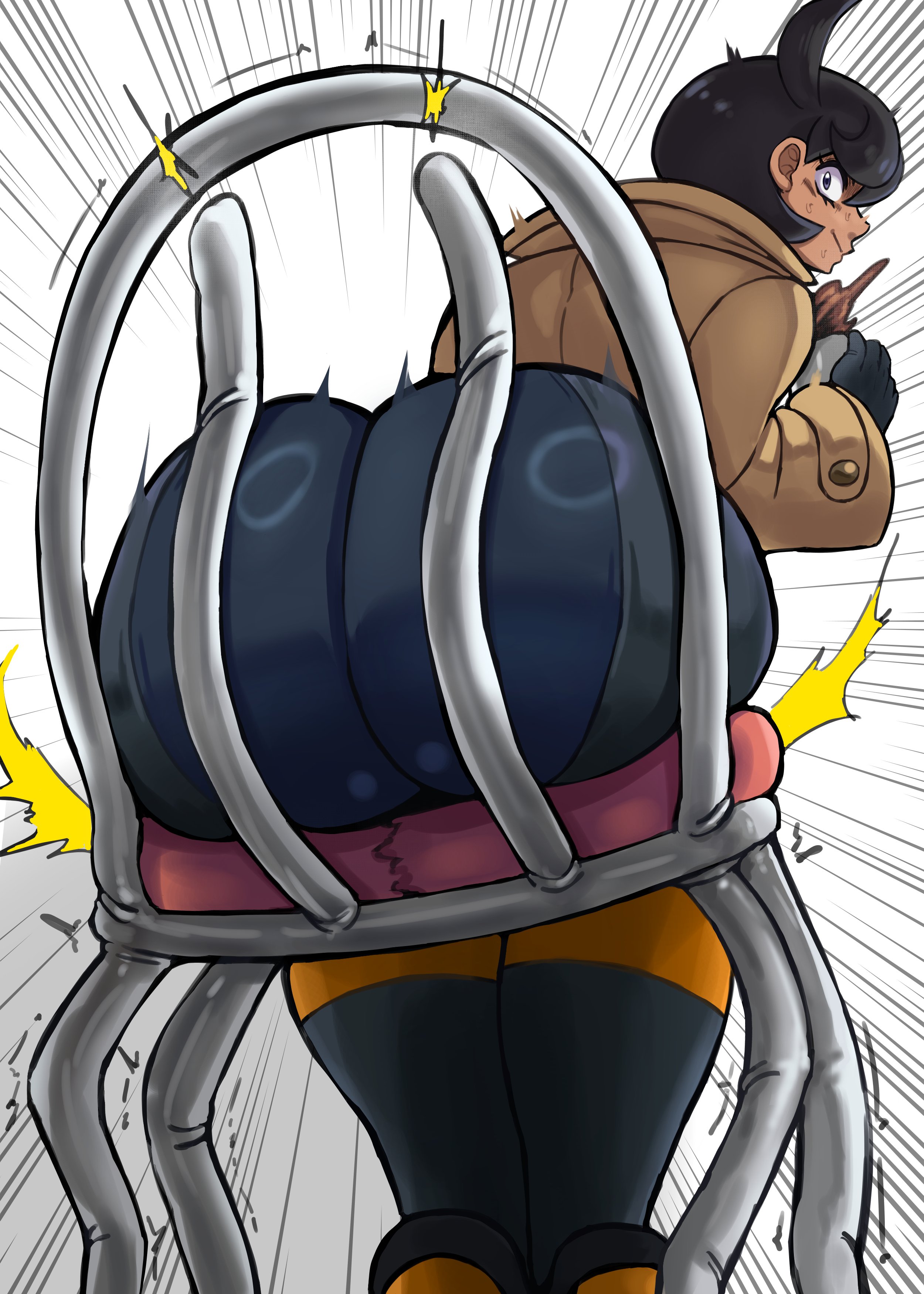charge sol, emma (pokemon), nintendo, pokemon, pokemon legends: z-a, 1girl, ass, ass focus, ass press, black hair, blush, bodysuit, chair, dark skin, embarrassed, from behind, huge ass, leaning, leaning forward, looking back, purple eyes, short hair, skin tight, solo, sweat