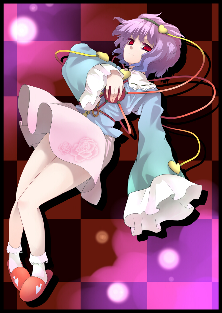 uruu gekka, komeiji satori, touhou, 1girl, female focus, full body, purple hair, red eyes, solo