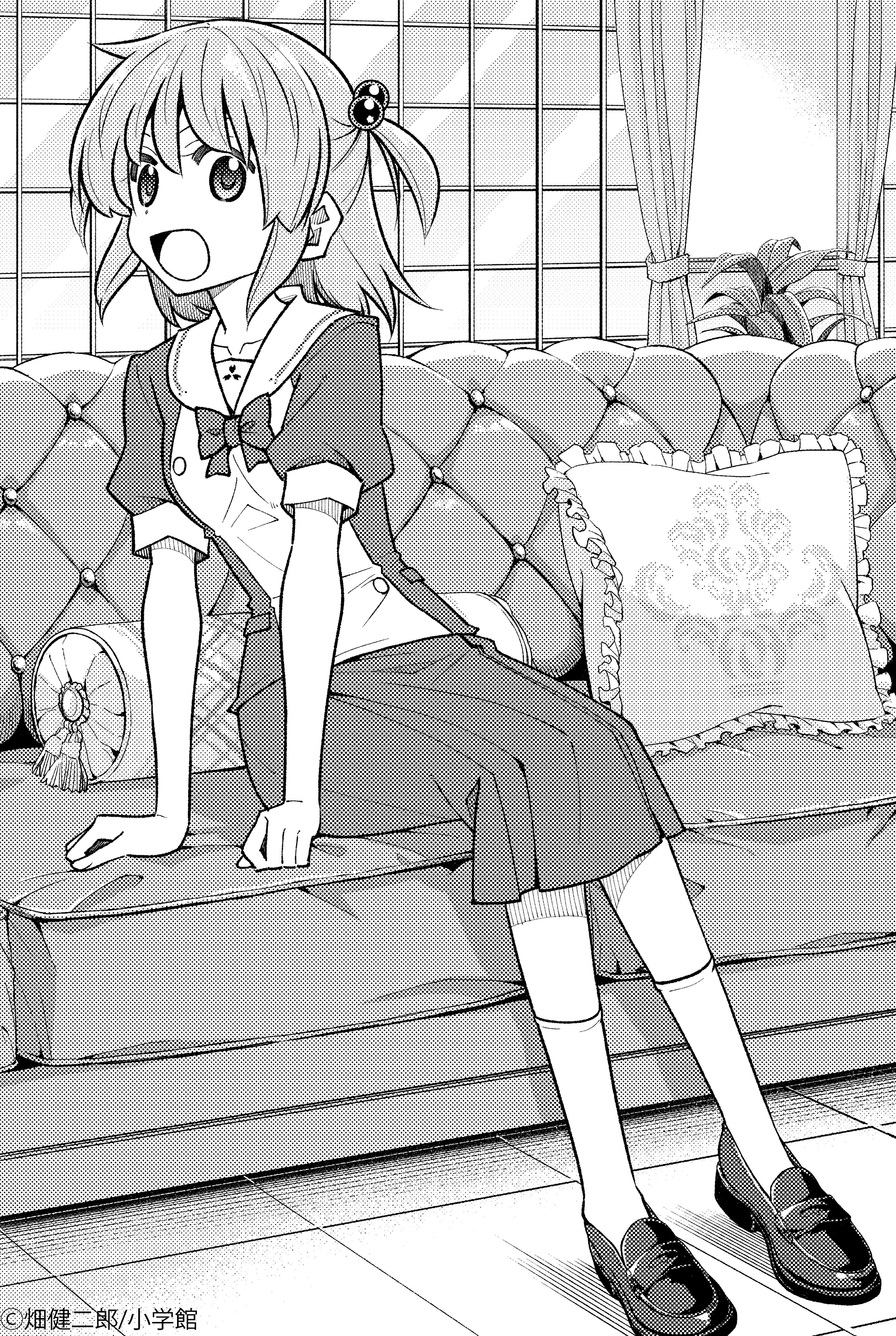 hata kenjirou, segawa izumi, hayate no gotoku!, absurdres, highres, official art, 1girl, artist name, collarbone, couch, dress, indoors, legs, medium hair, monochrome, open mouth, shoes, sitting, skirt, smile, socks, solo, twintails, two side up