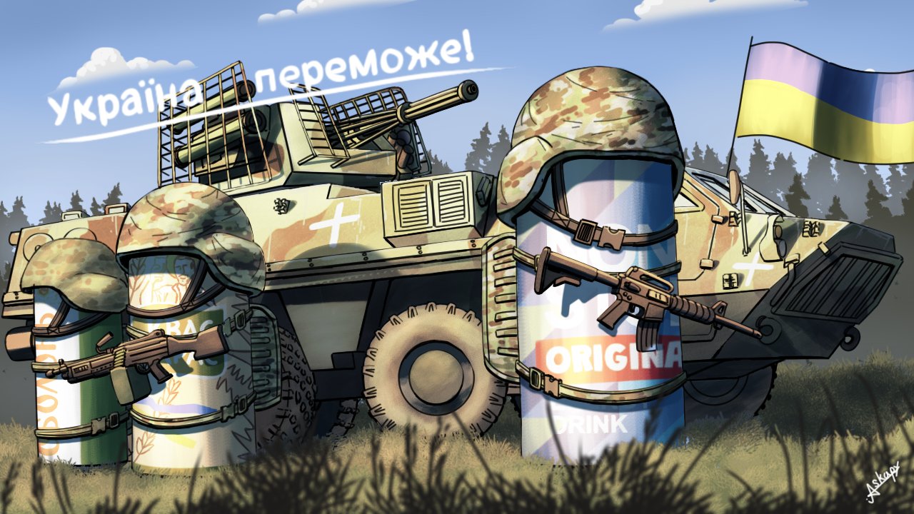 original, commentary, english commentary, translation request, armored personnel carrier, armored vehicle, artist name, askapy, assault rifle, backpack, bag, beer can, blue sky, btr-4 bucephalus, can, combat helmet, drink can, energy drink, gun, helmet, holding, holding gun, holding weapon, m16, motor vehicle, non stop energy, outdoors, rifle, russo-ukrainian war, sky, ukrainian flag, ukrainian text, vehicle focus, weapon