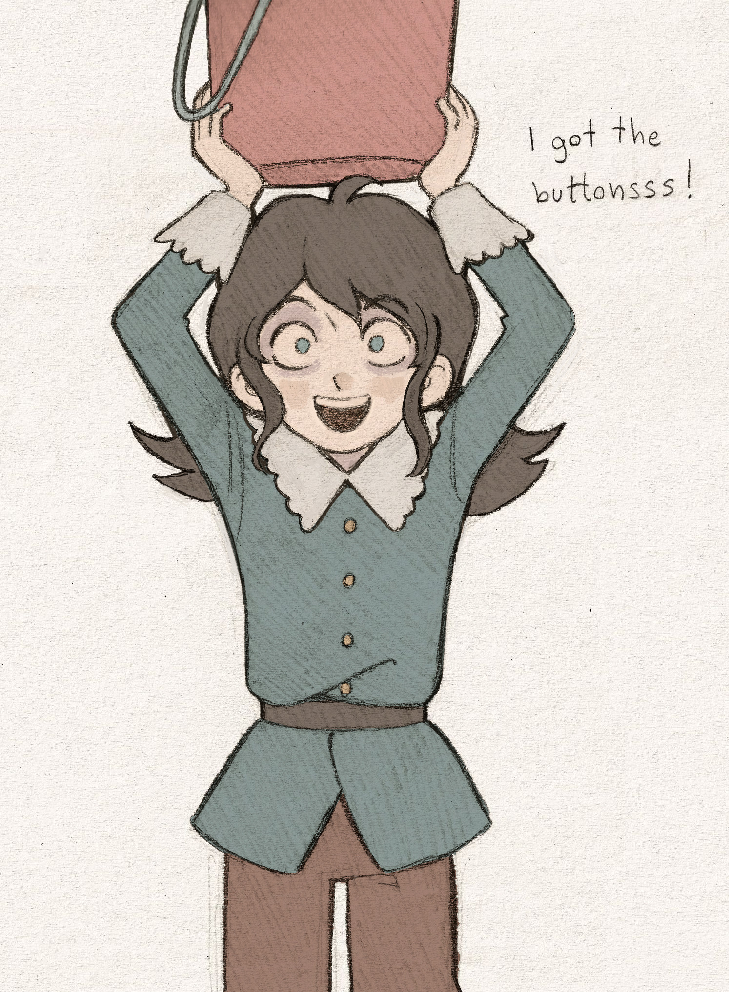 szivarvanyturmix02, derivative work, highres, screenshot redraw, 1boy, abaddon (haunted hotel), abaddon (human) (haunted hotel), arms up, bags under eyes, blue coat, blue eyes, brown hair, bucket, coat, cowboy shot, english text, haunted hotel, holding, holding bucket, long hair, looking at viewer, male focus, simple background, solo, standing